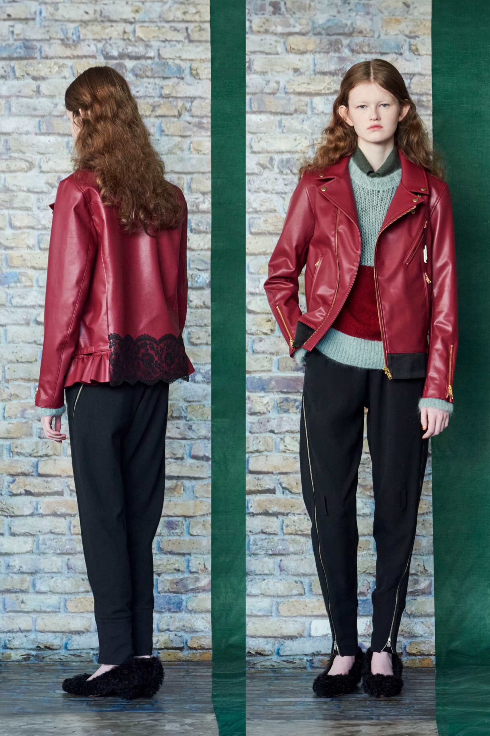 red leather long-sleeve collared fitted zippered fringed jacket