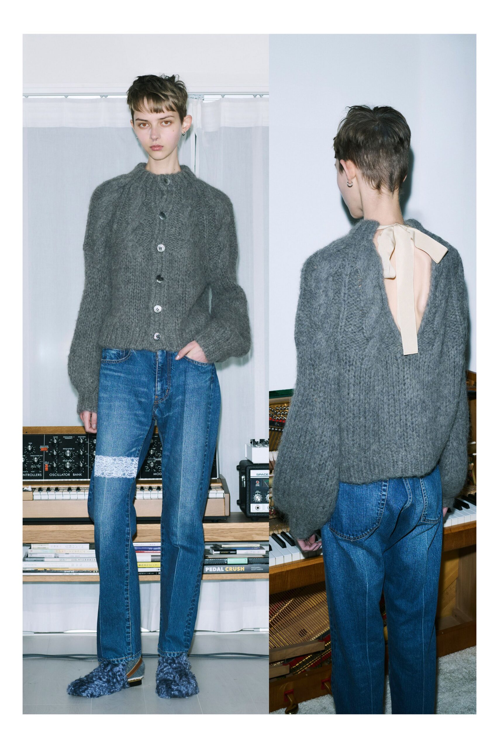 gray relaxed sweater with blue jeans