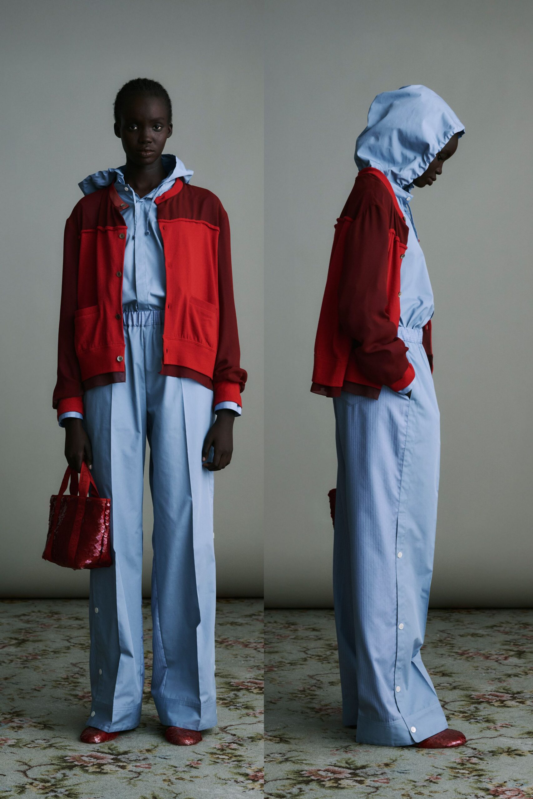 red jacket blue pants