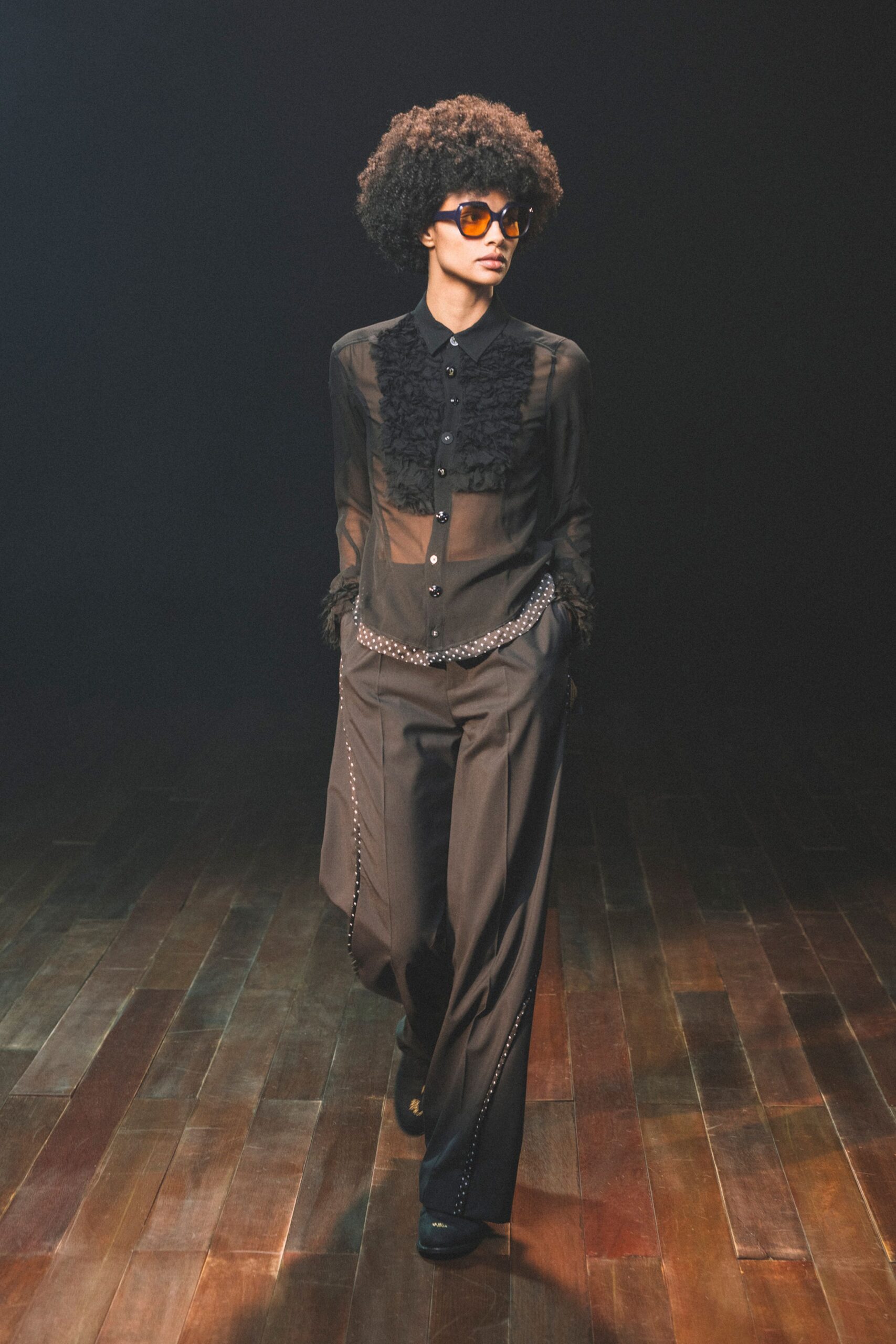 black silk long-sleeve collared relaxed ruffled sheer shirt