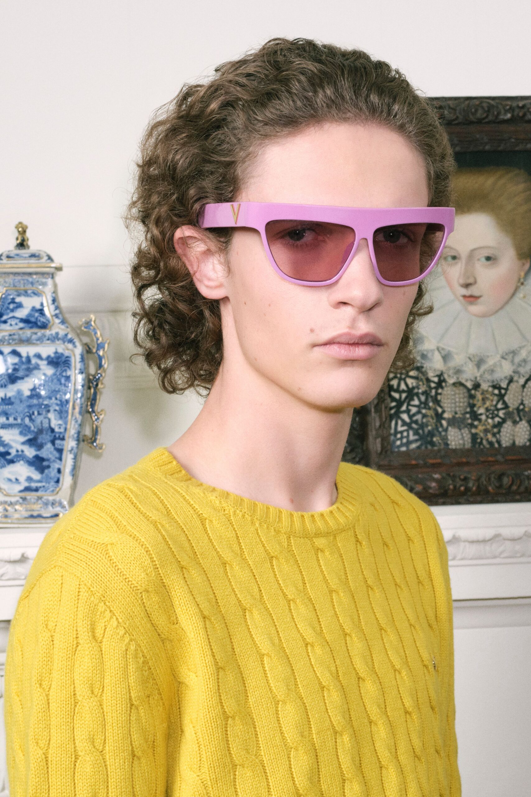 yellow cotton long-sleeve collared fitted ribbed sweater