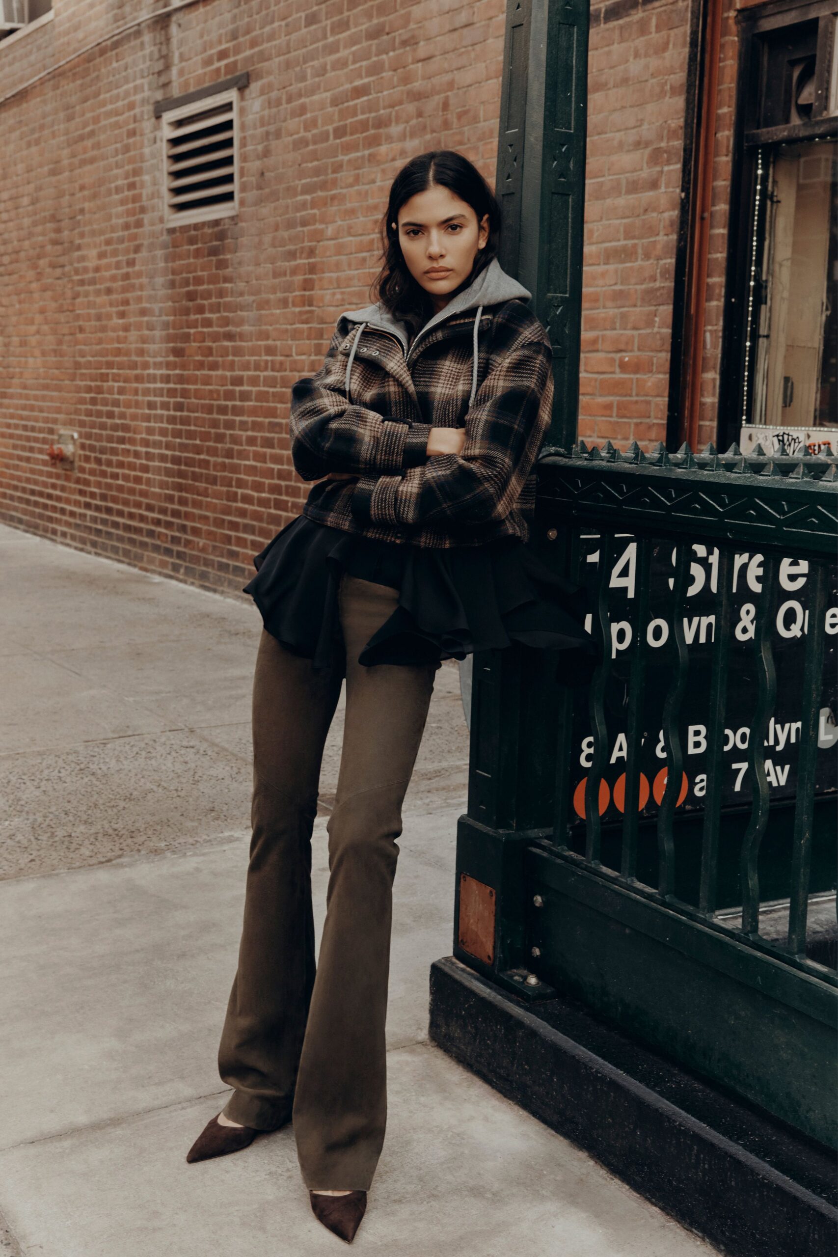 relaxed brown checked jacket with hoodie