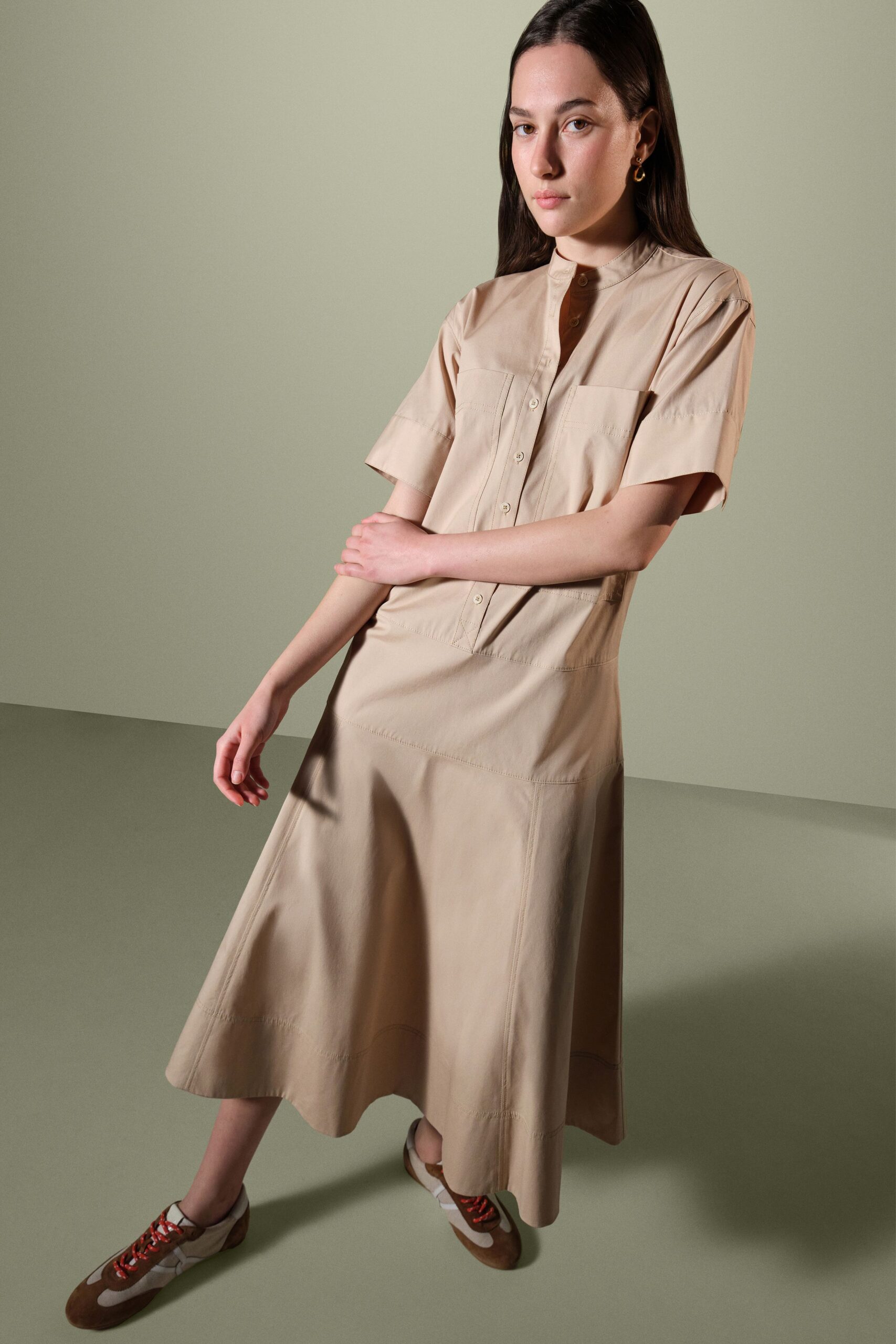beige cotton short-sleeve collared relaxed buttoned a-line shirt-dress
