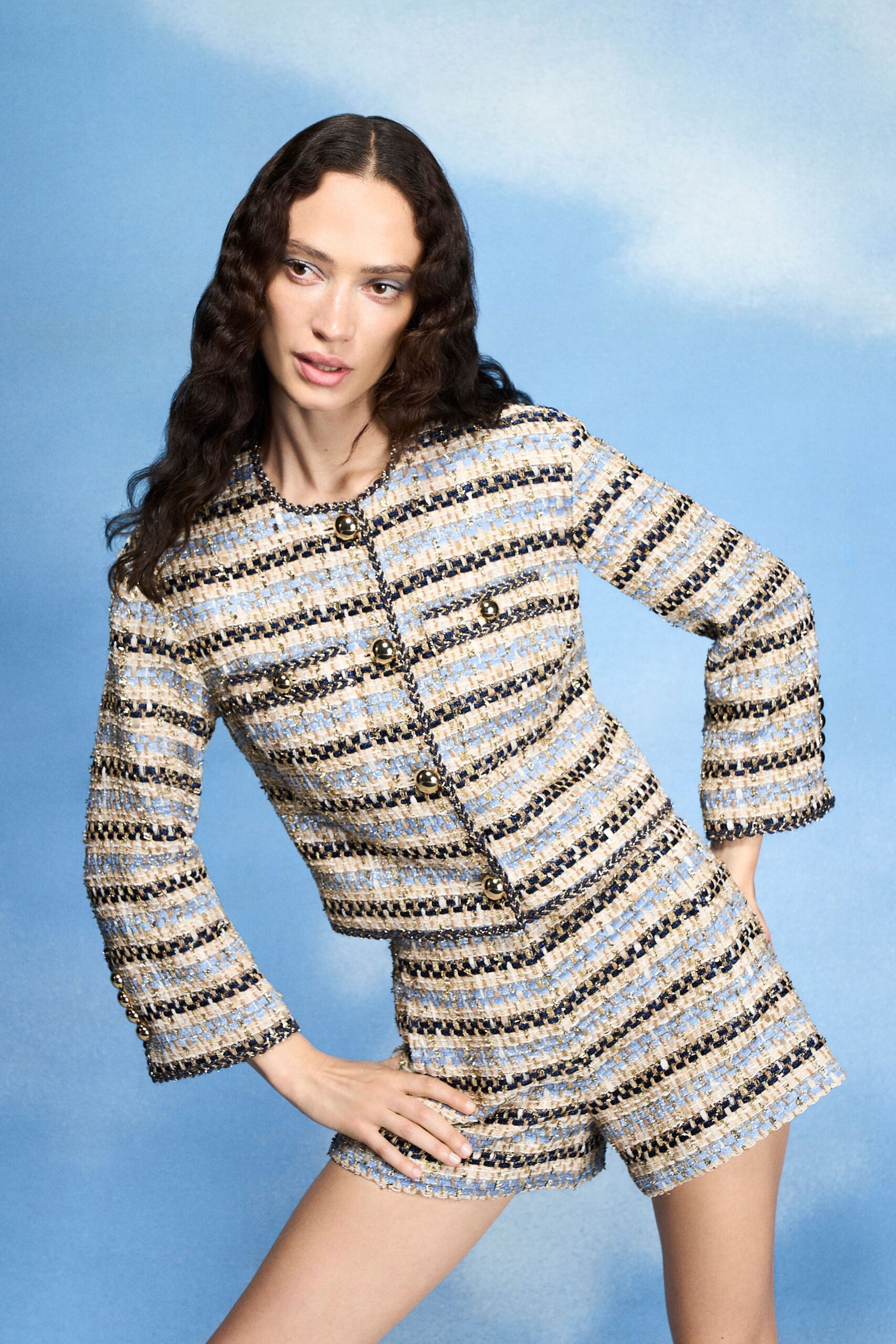 blue tweed long-sleeve collared fitted striped buttoned jacket