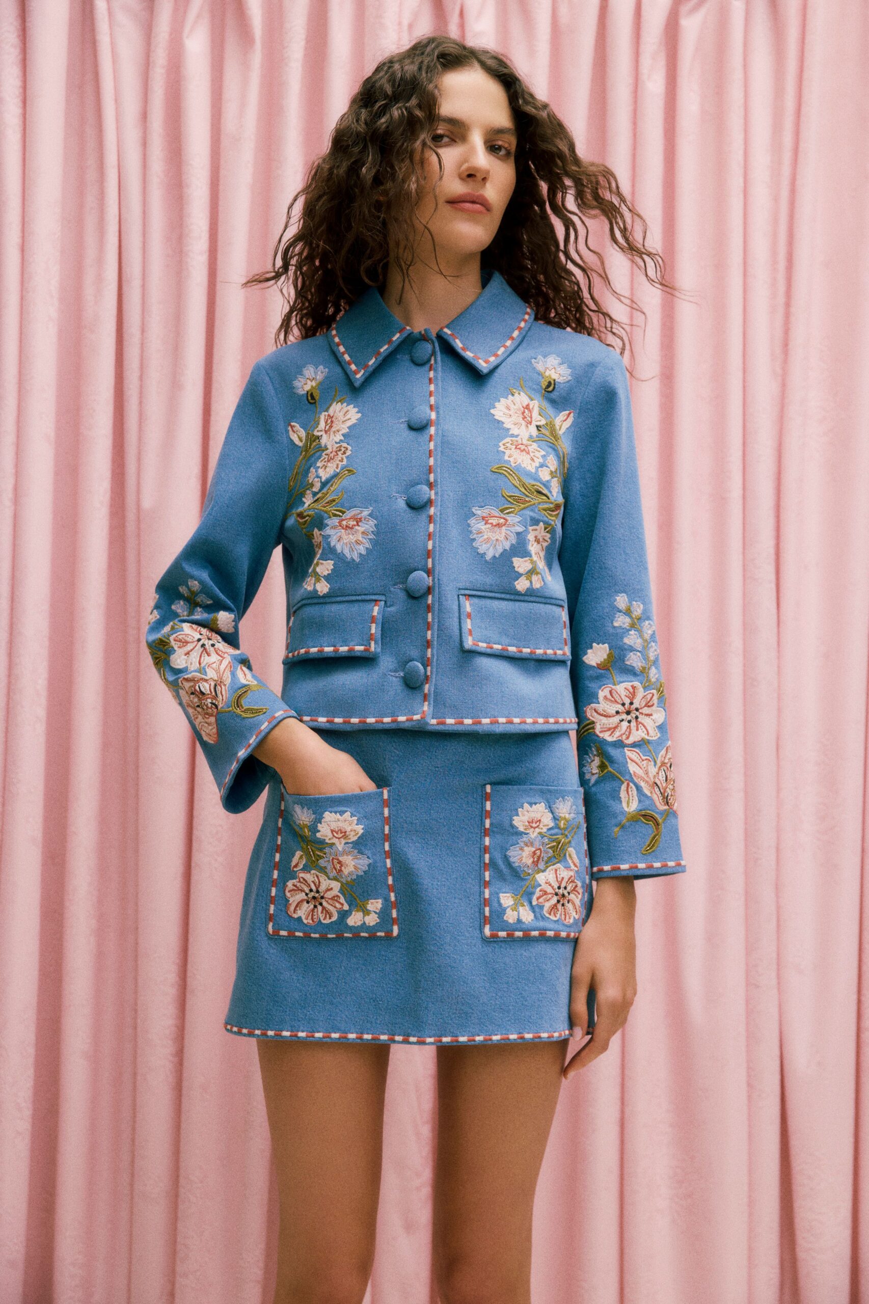 blue denim long-sleeve collared fitted embroidered buttoned jacket