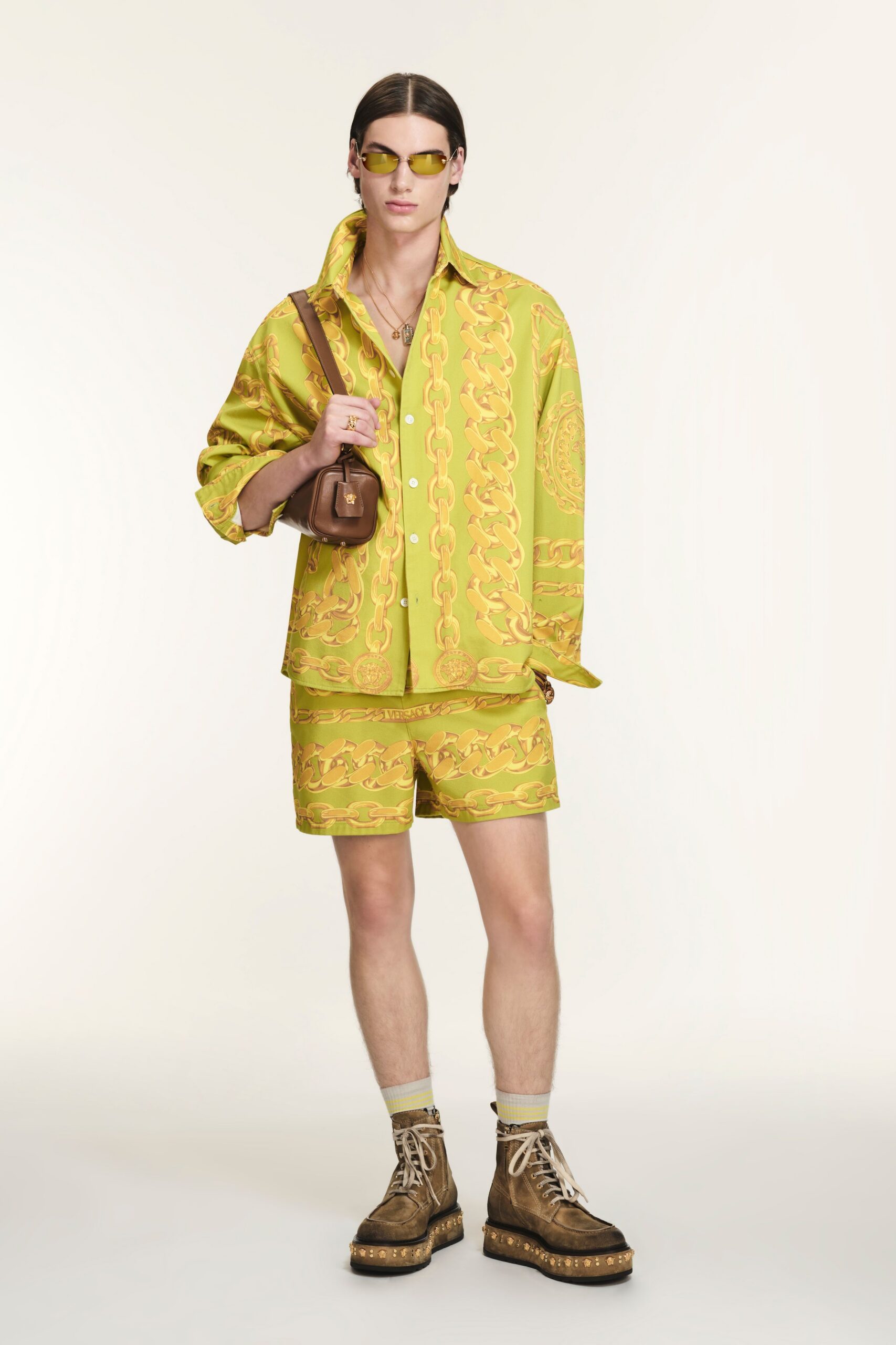 yellow green printed shirt and shorts