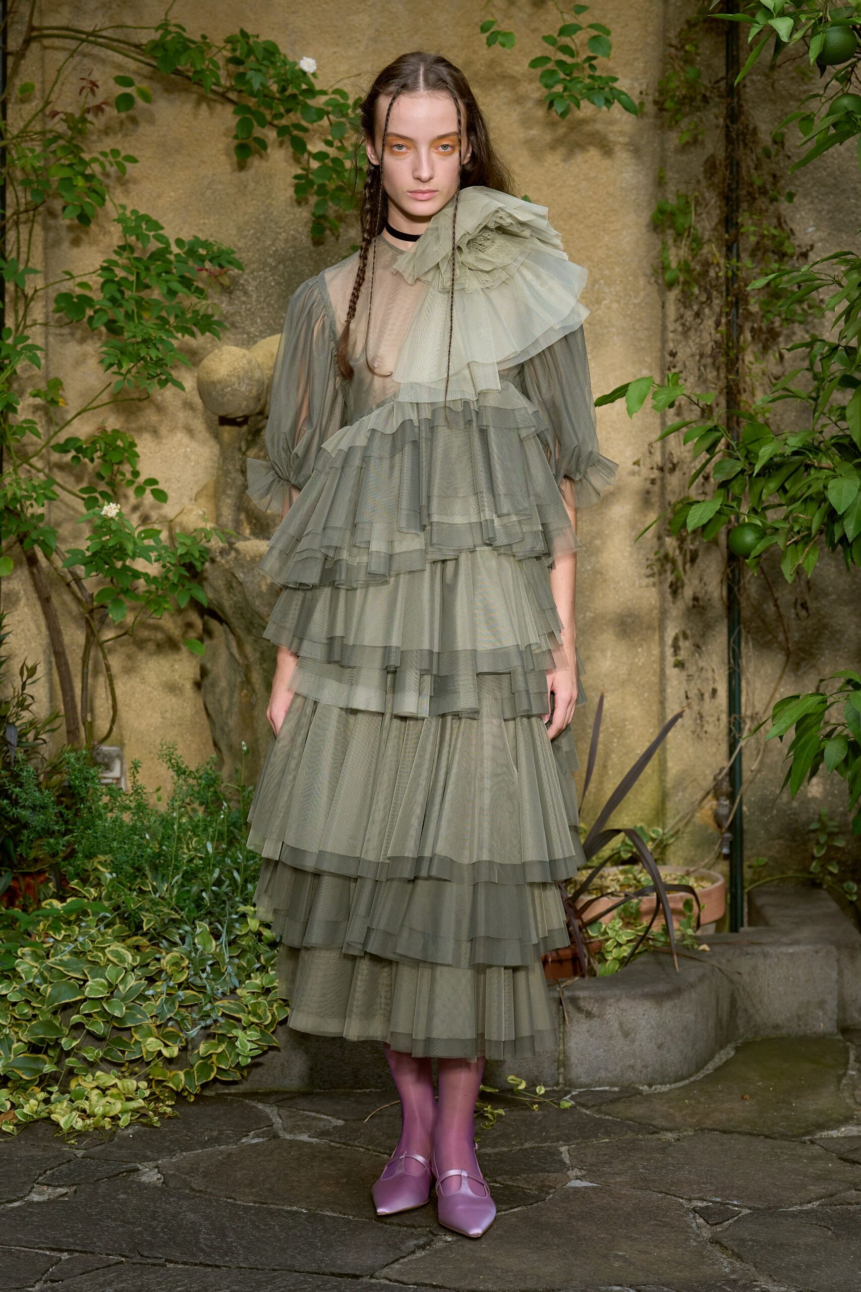 green tulle sleeveless asymmetric relaxed tiered ruffled dress