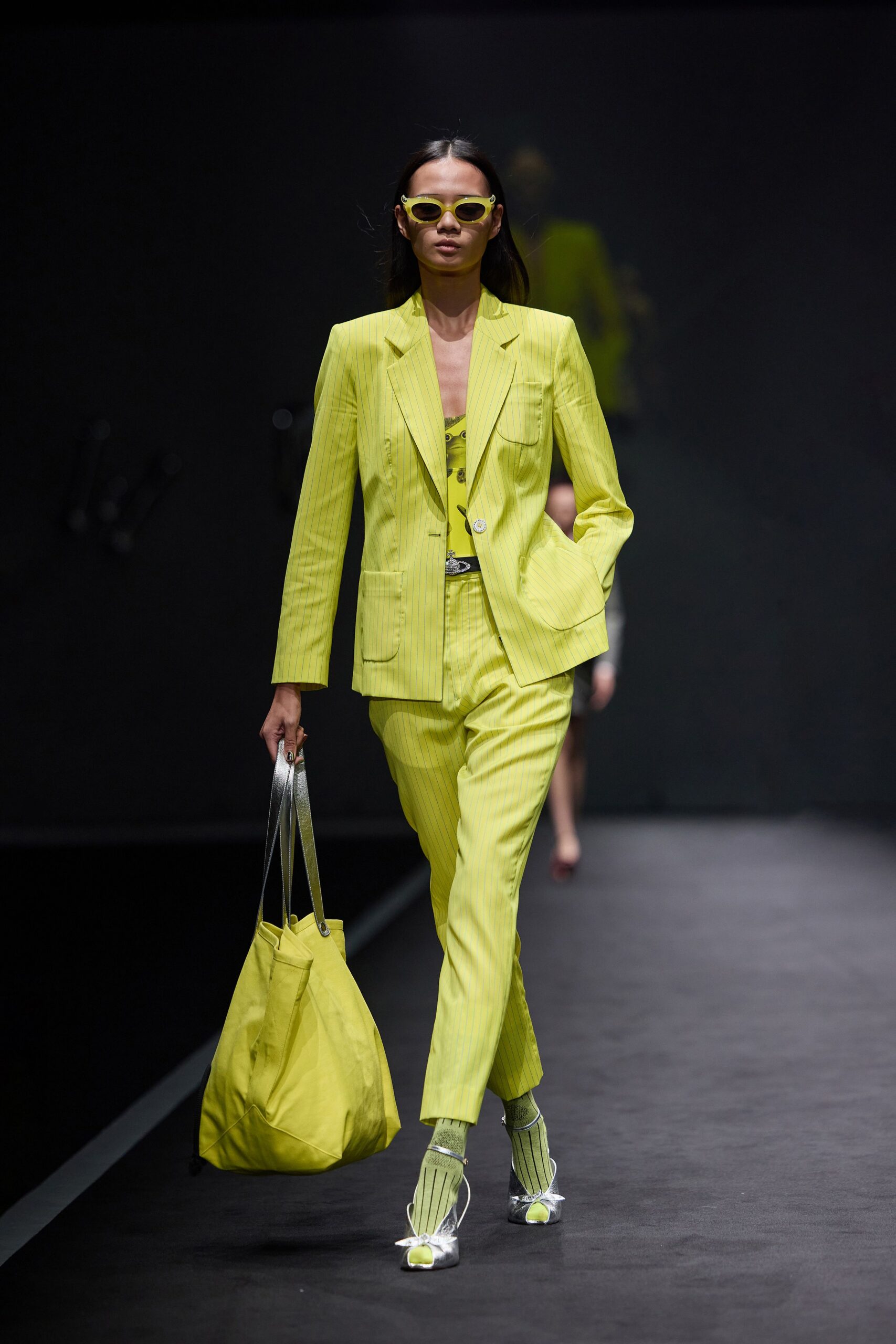 yellow long-sleeve collared tailored striped suit