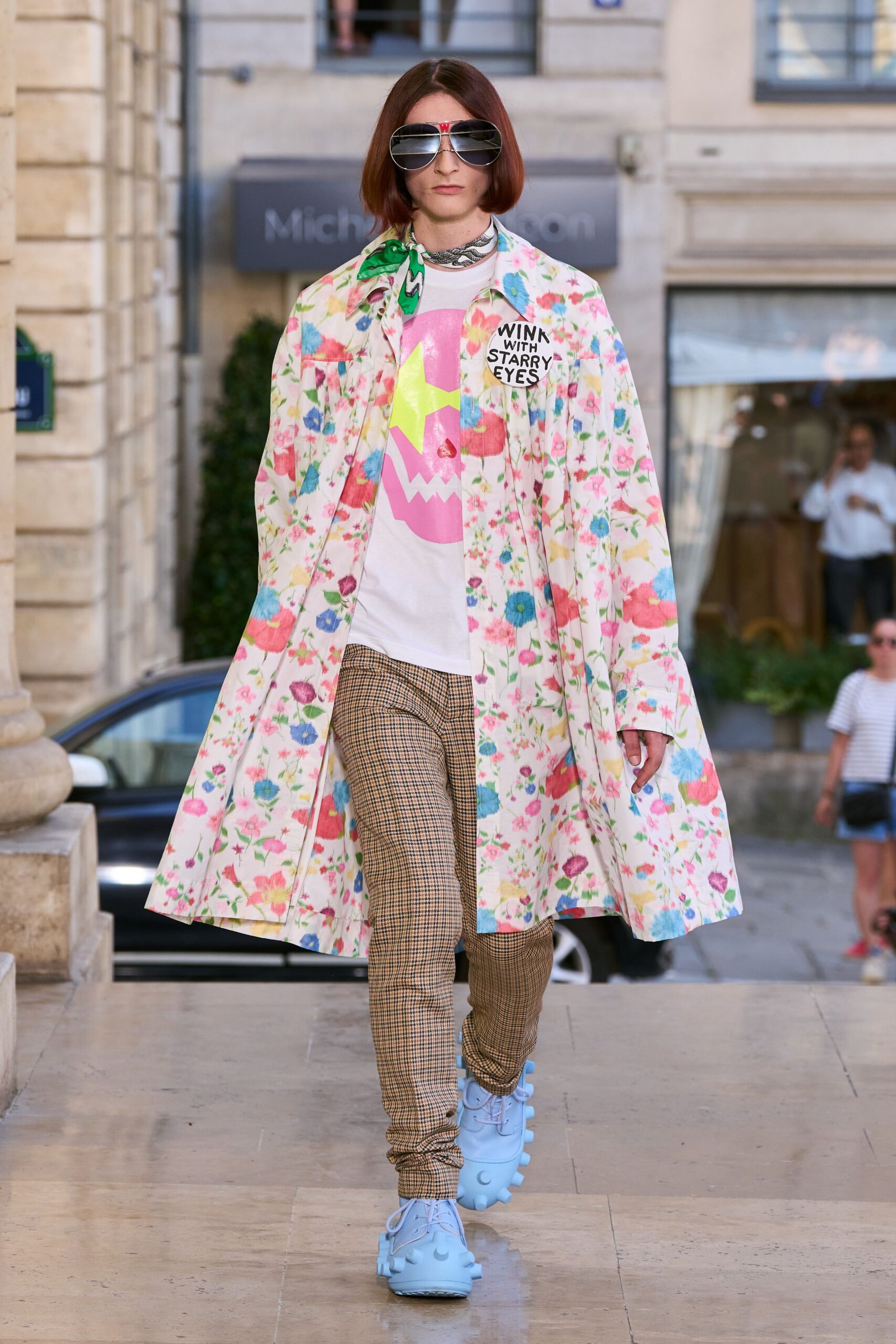 white cotton long-sleeve collared relaxed floral midi coat