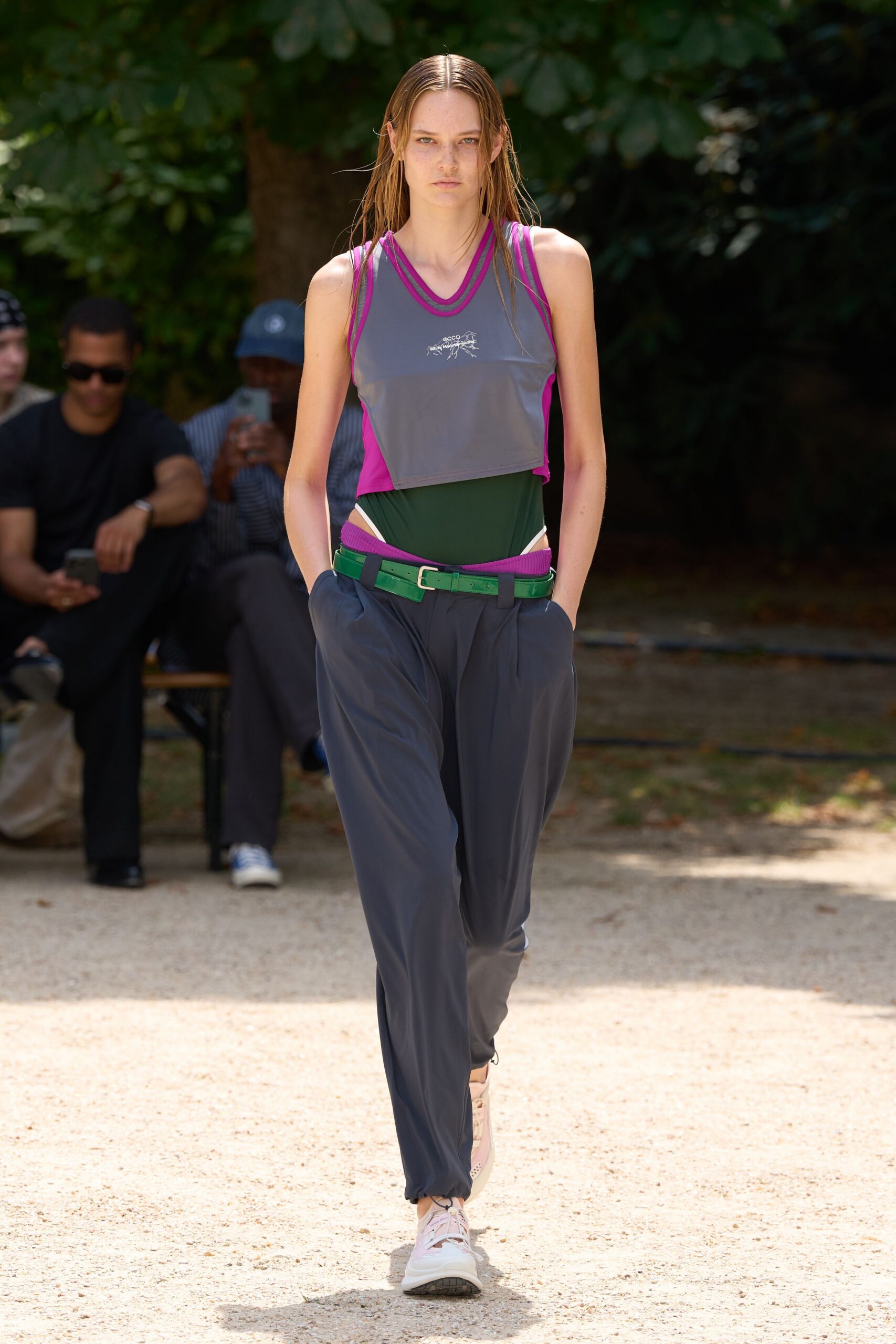 gray fitted sleeveless top with relaxed pants