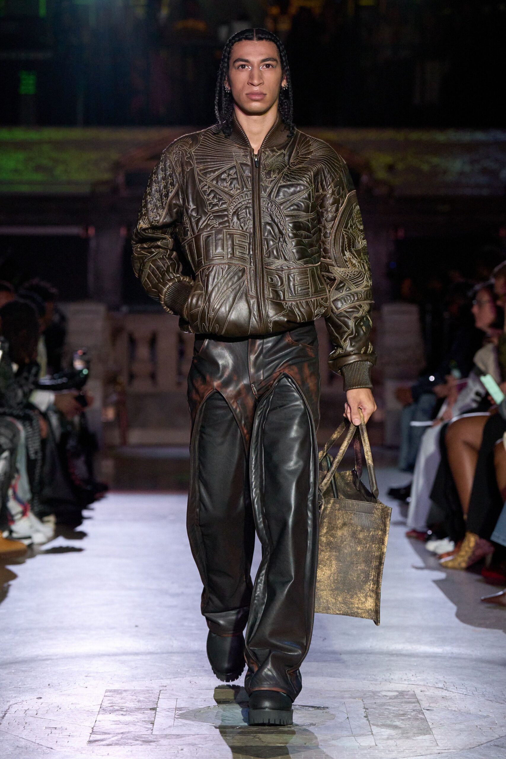 brown leather long-sleeve collared fitted embroidered jacket
