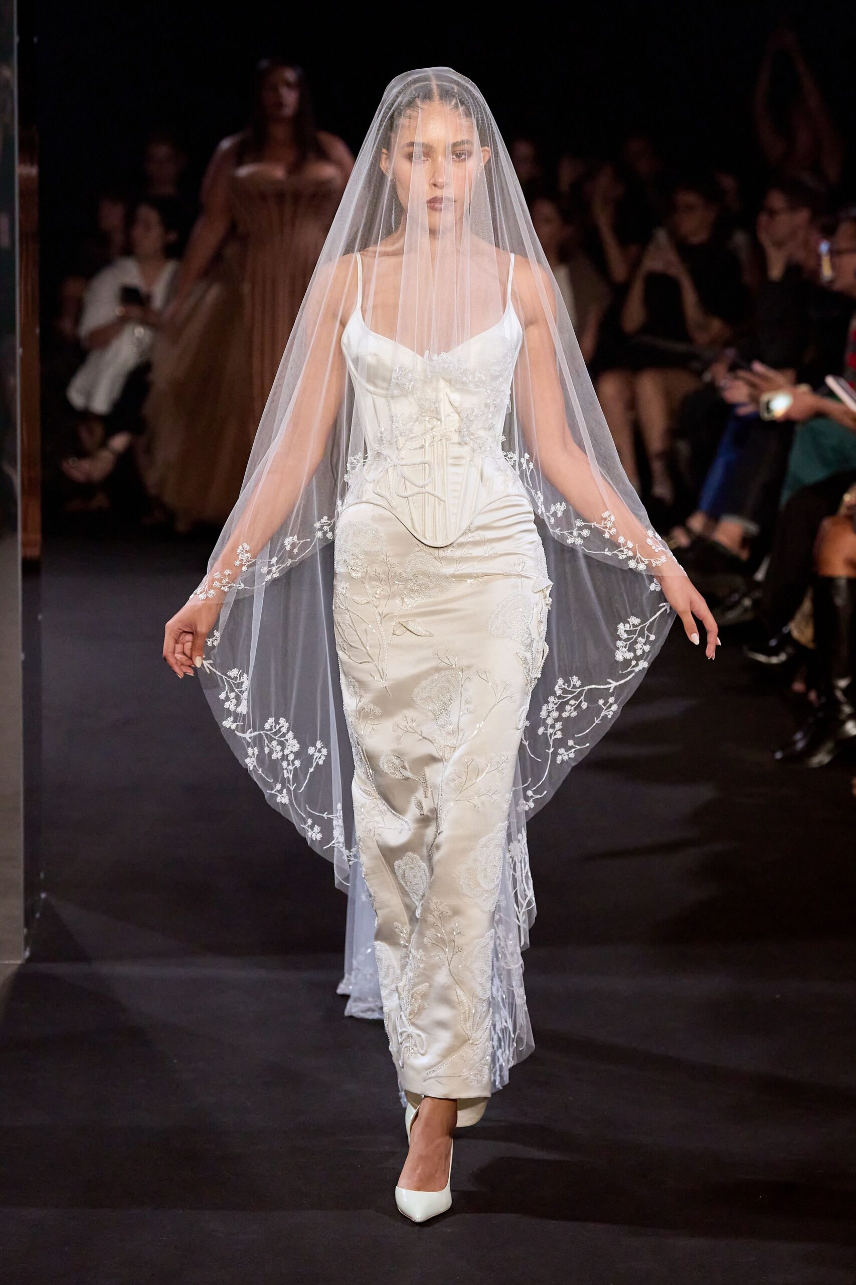 white silk sleeveless v-neck fitted embroidered sheer gown