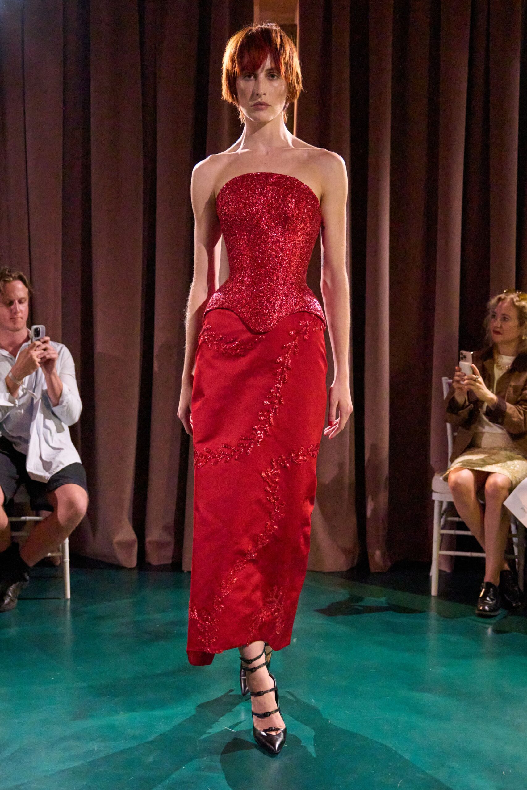 red silk strapless fitted embellished midi gown