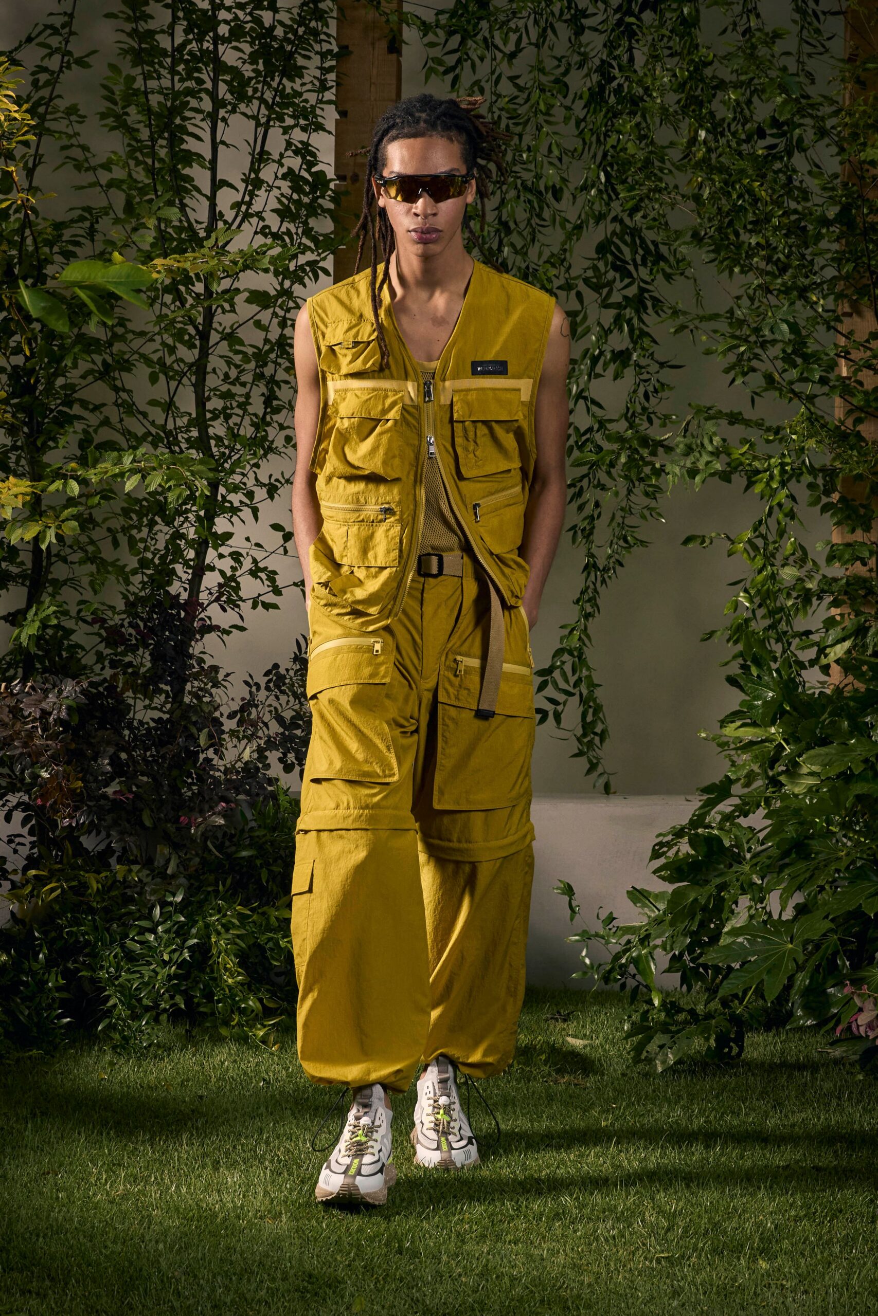 yellow cotton sleeveless collared relaxed zippered pockets jumpsuit