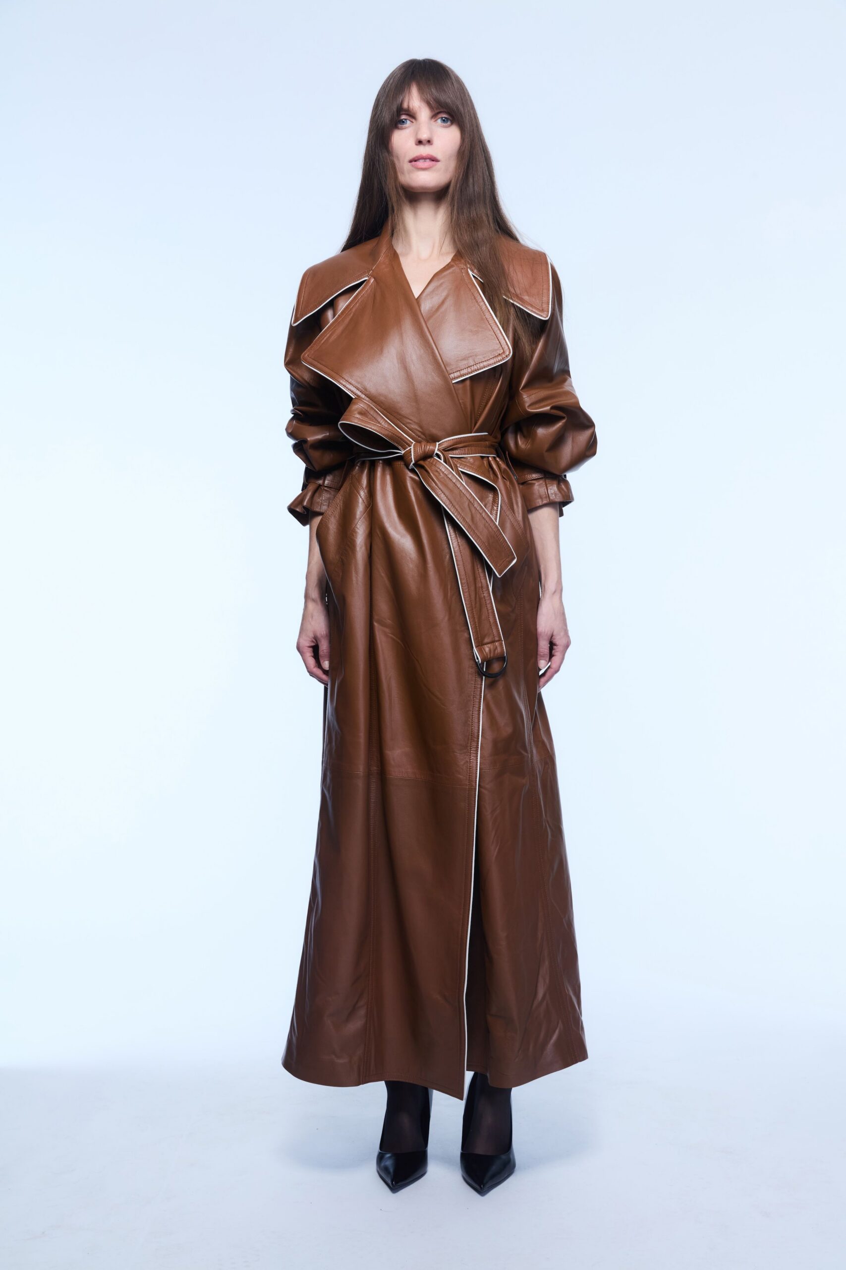 brown leather long-sleeve collared fitted belted maxi dress