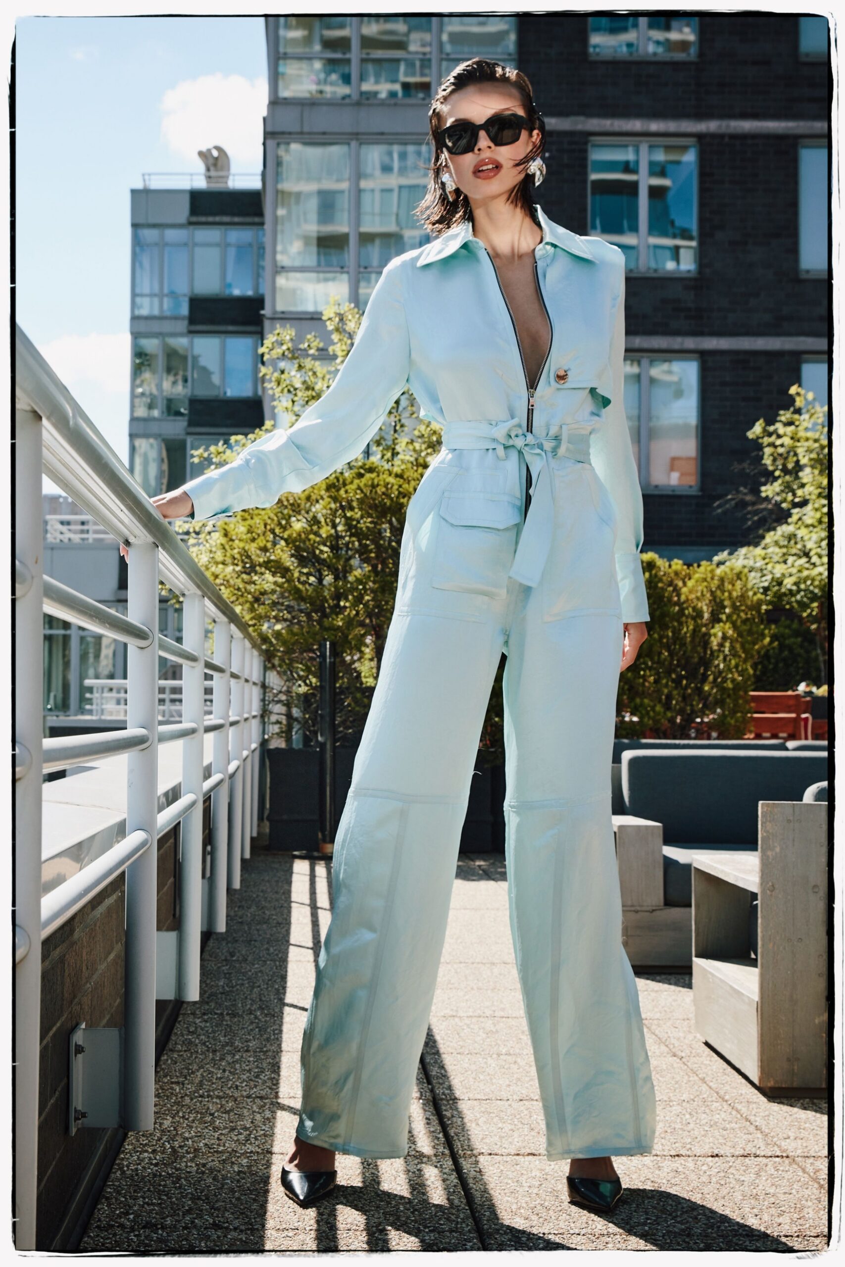 blue silk long-sleeve collared fitted belted wide-leg jumpsuit