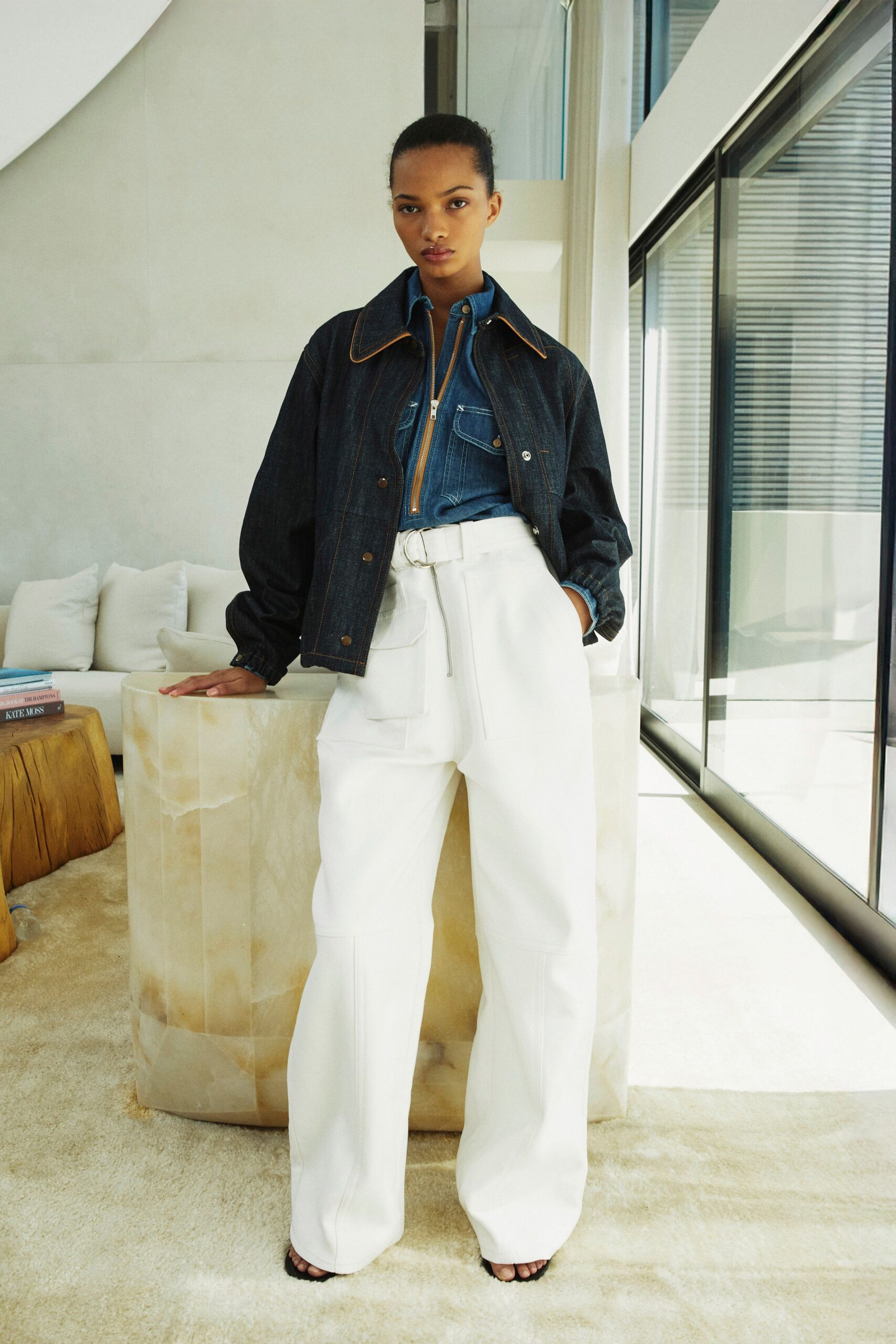 blue denim jacket with white pants