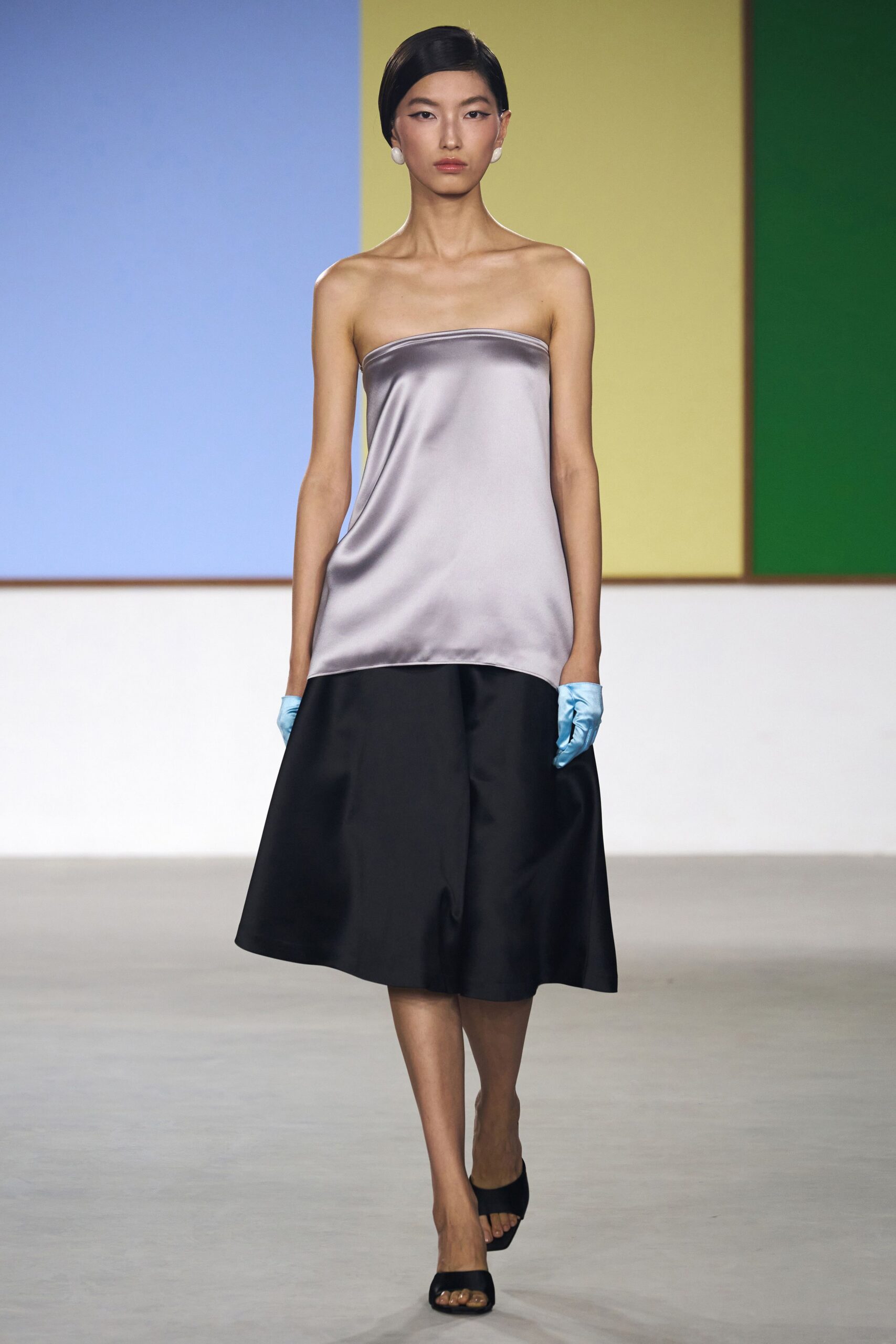 black silk sleeveless strapless fitted a-line shiny dress