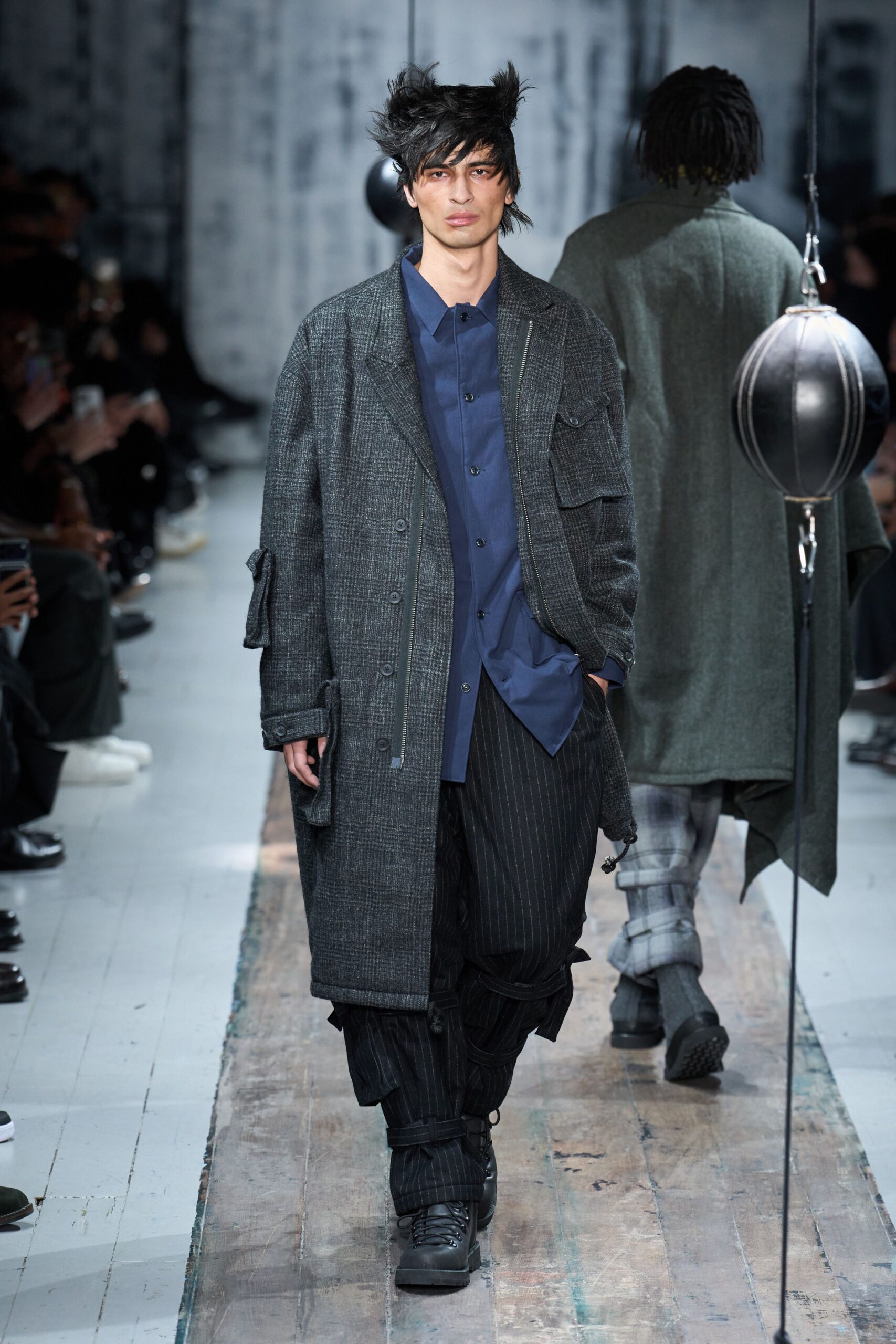 gray wool coat with blue shirt