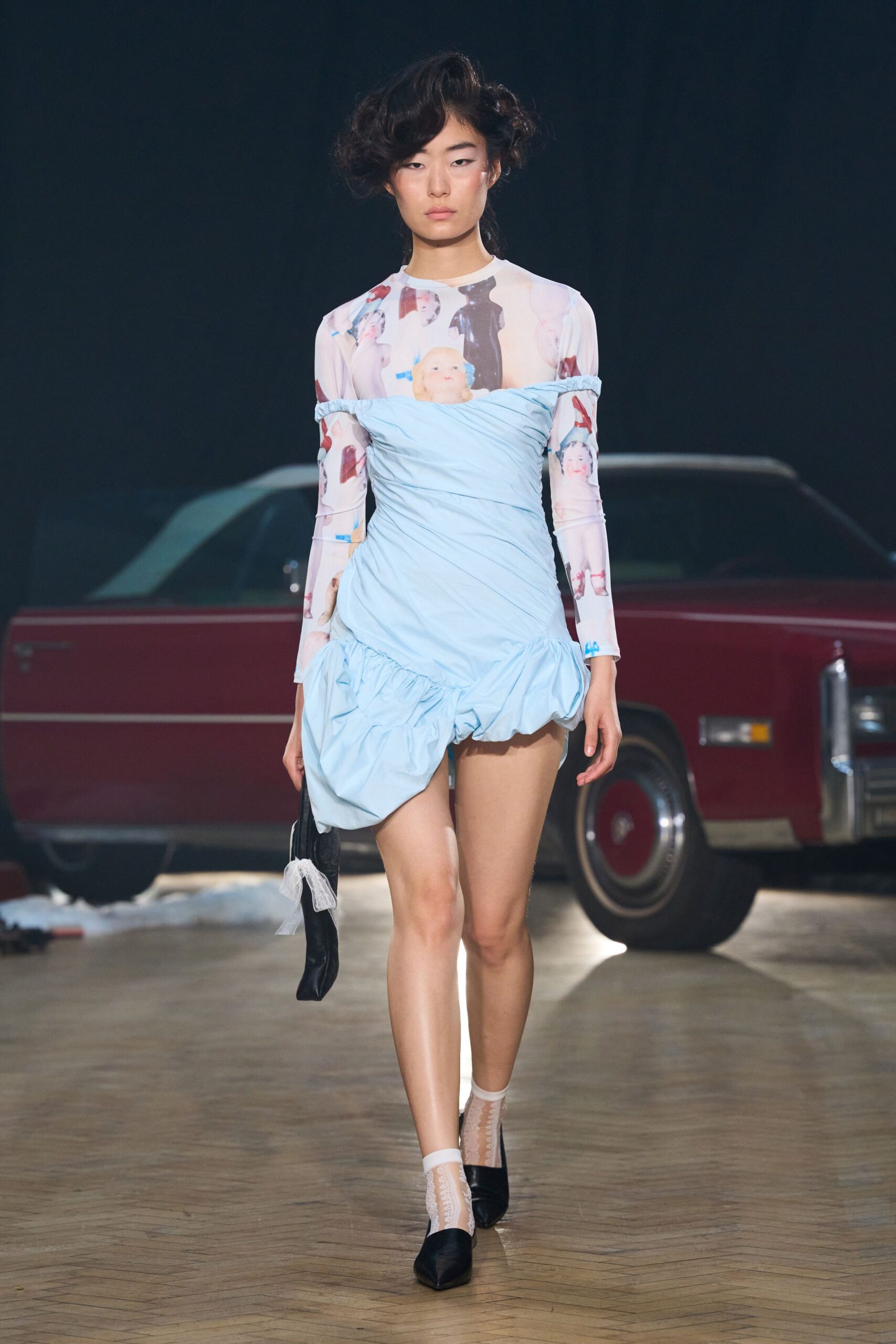blue cotton long-sleeve off-shoulder fitted ruffled draped dress