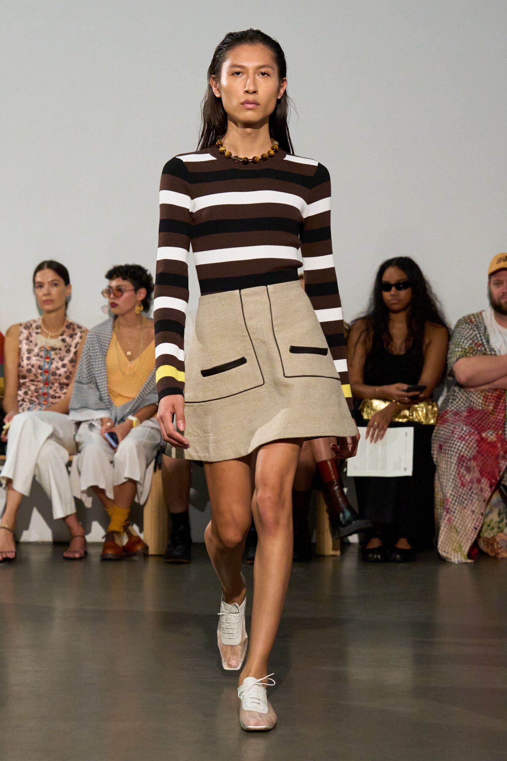 brown cotton long-sleeve scoop-neck fitted striped top