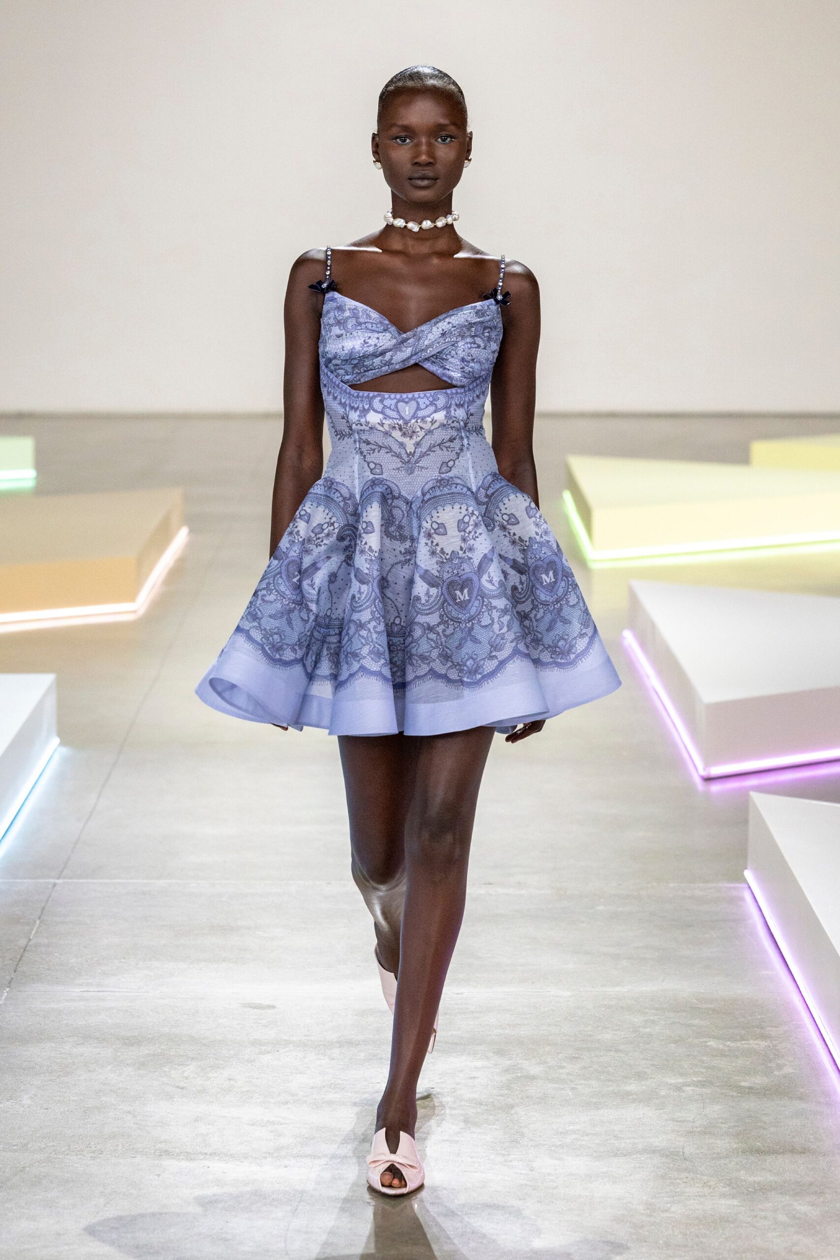 blue silk sleeveless v-neck fitted pleated embroidered dress