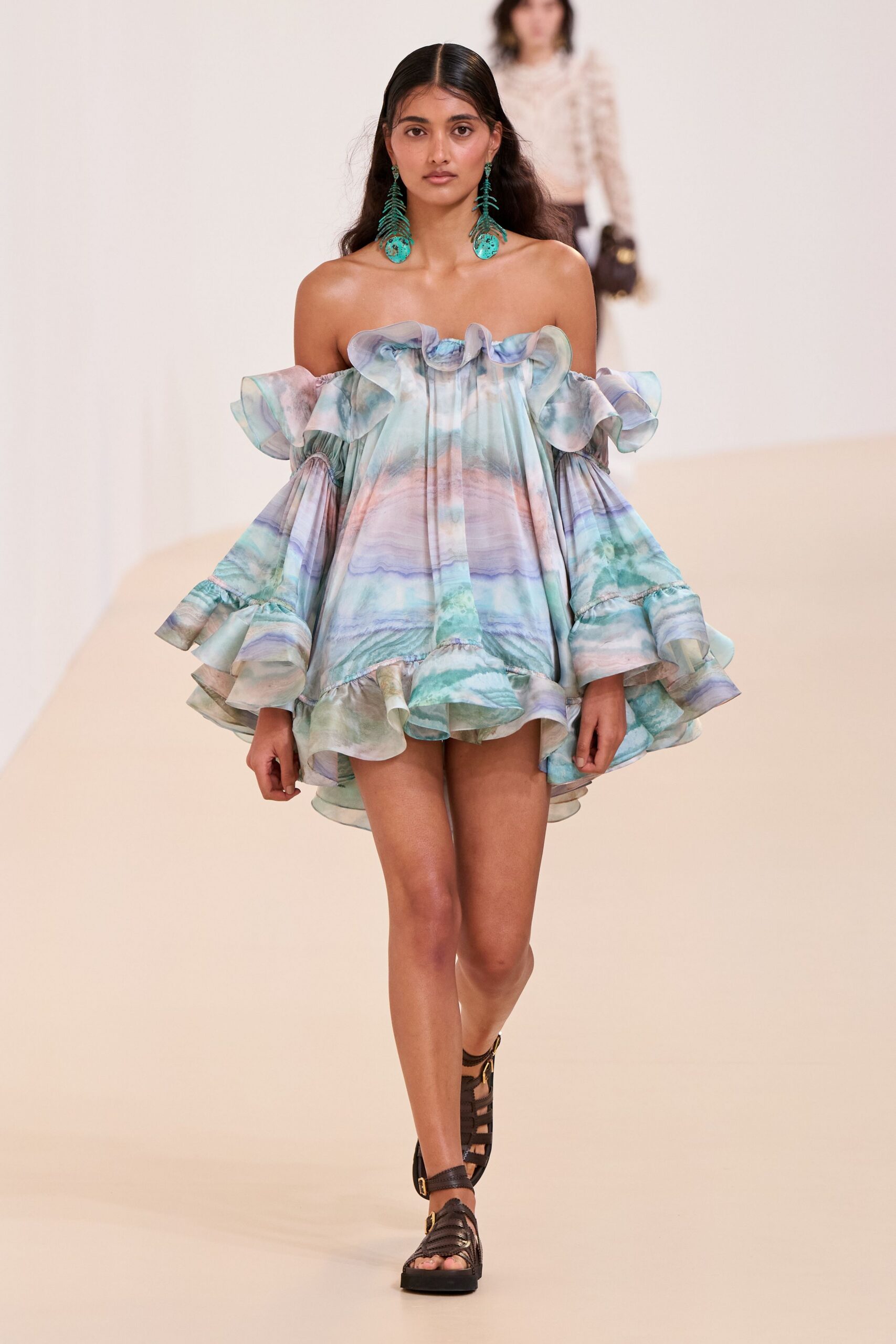 blue silk sleeveless off-shoulder fitted ruffled tiered dress