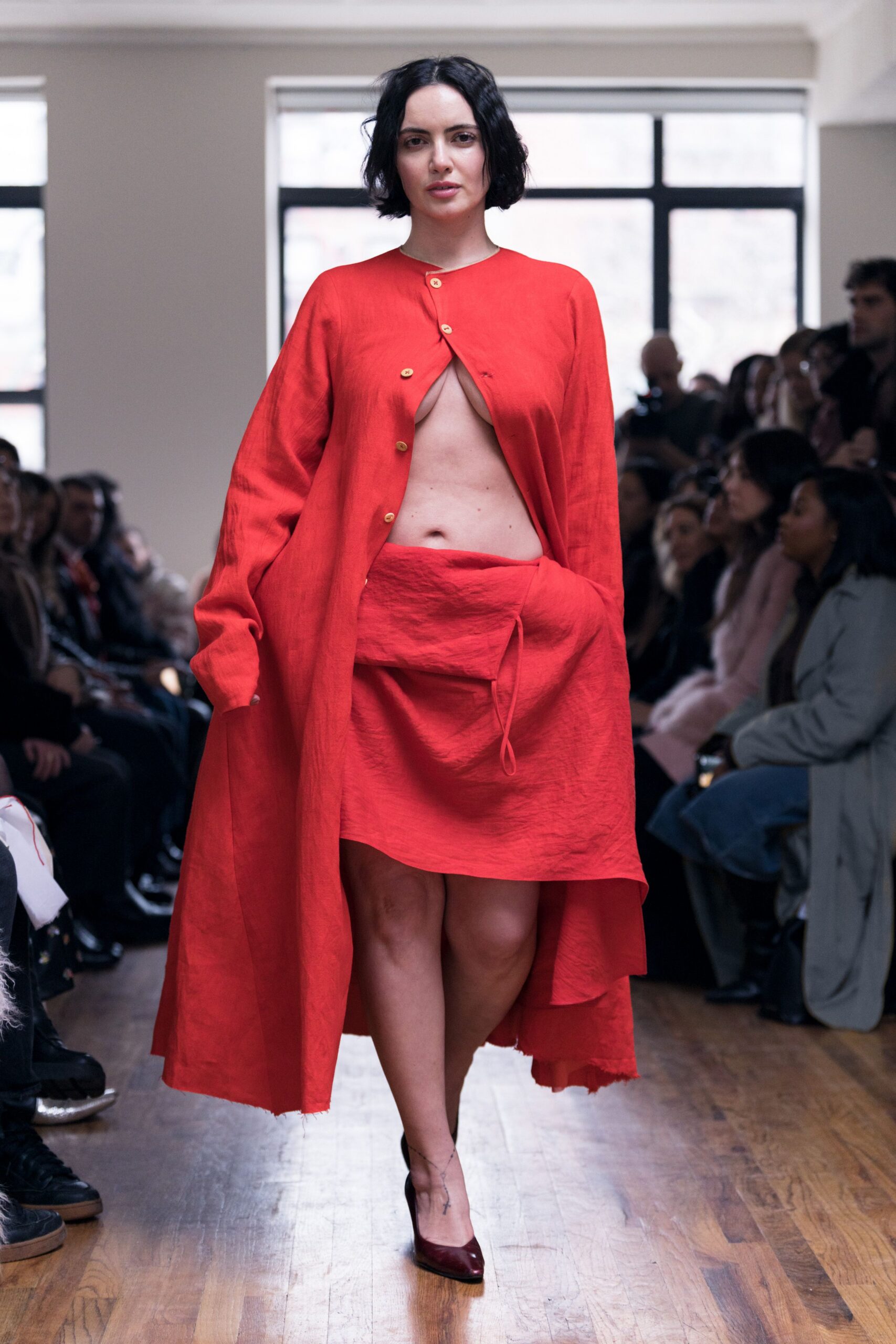 red linen sleeveless v-neck fitted layered midi dress