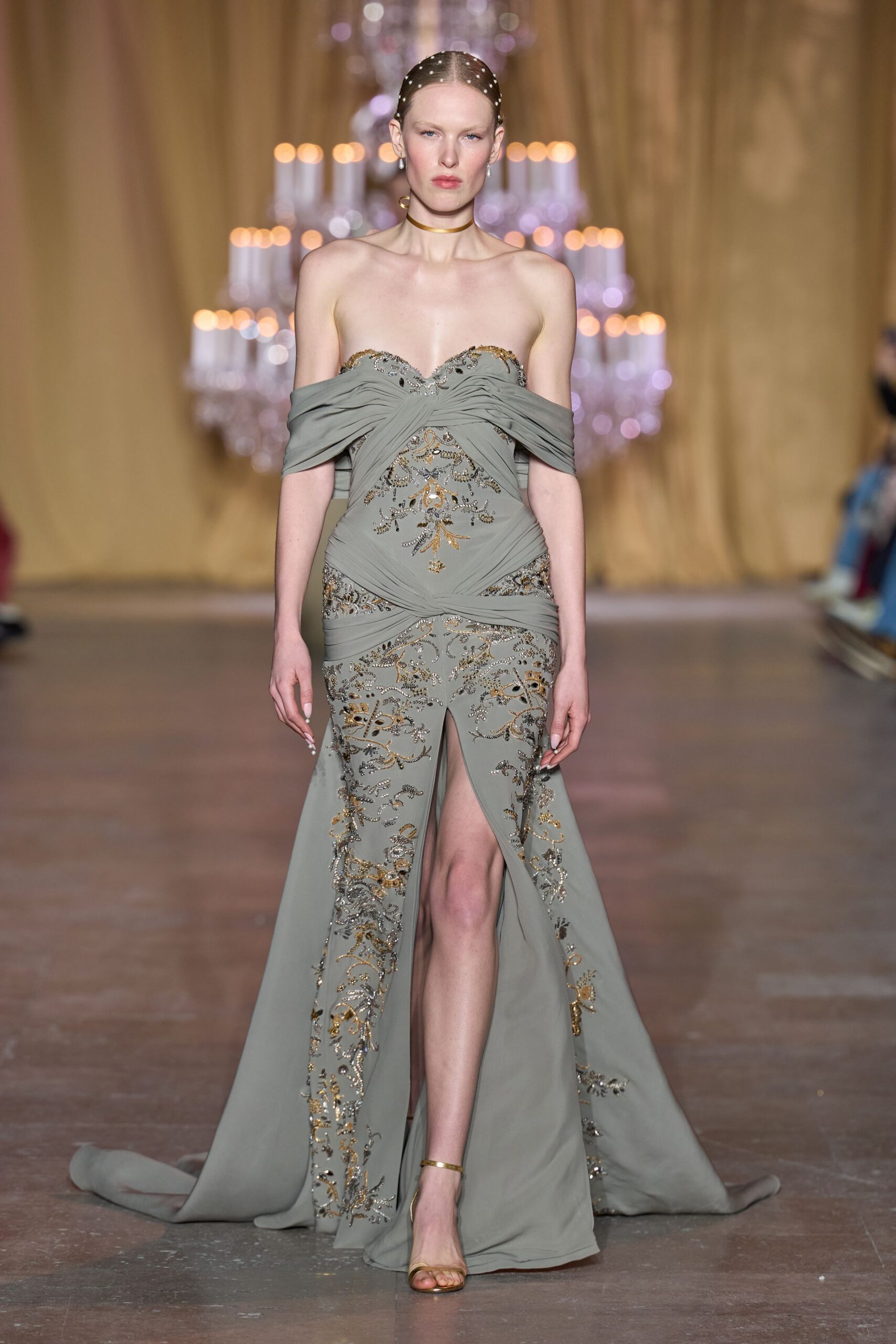 gray silk strapless high-neck fitted embroidered draped gown