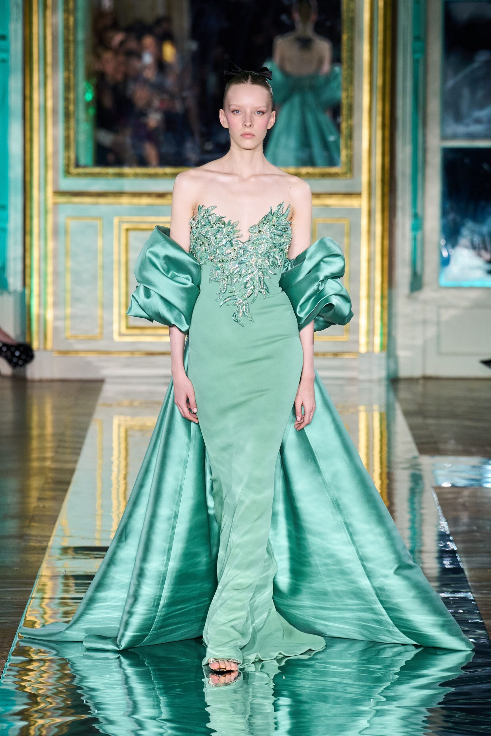 green silk long-sleeve off-shoulder fitted embroidered gown
