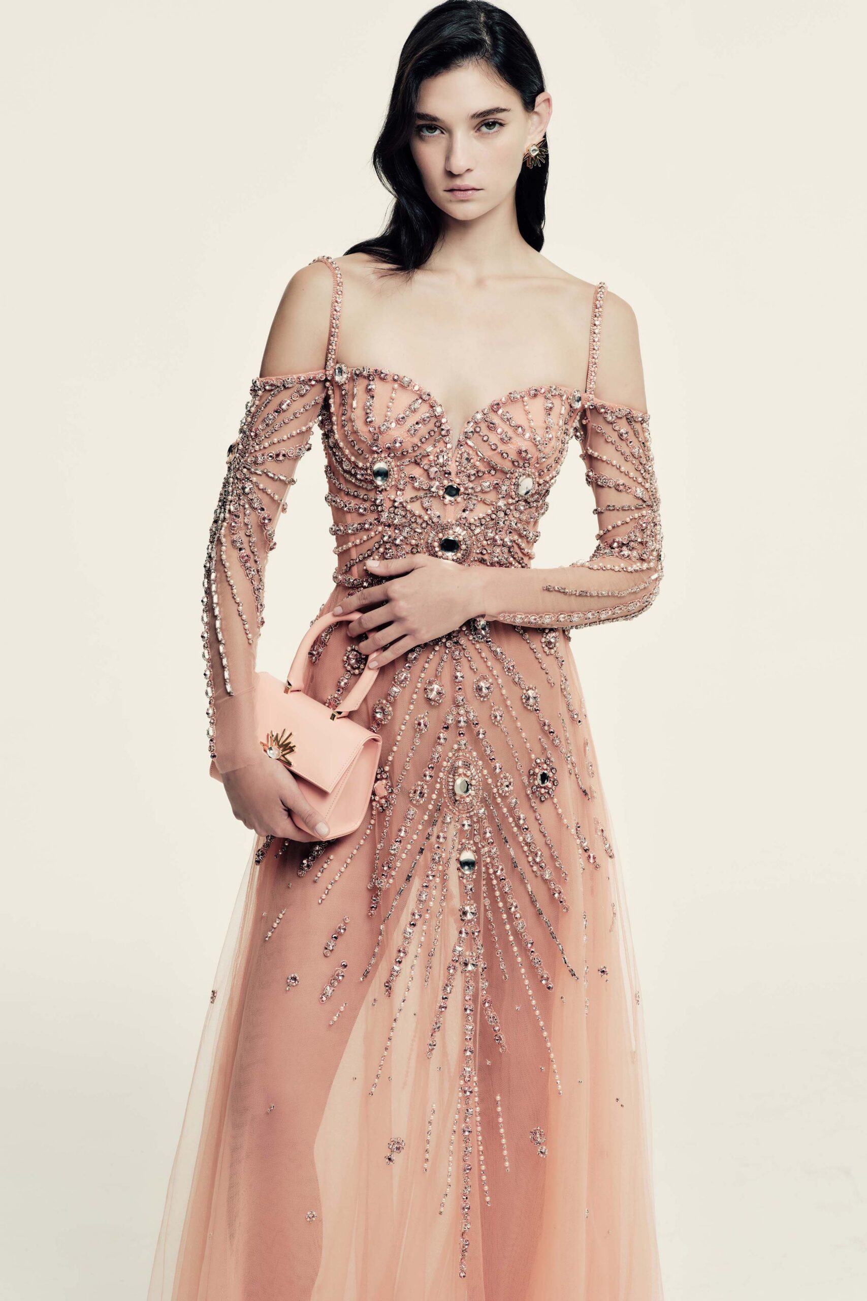 pink tulle long-sleeve off-shoulder fitted embroidered beaded gown