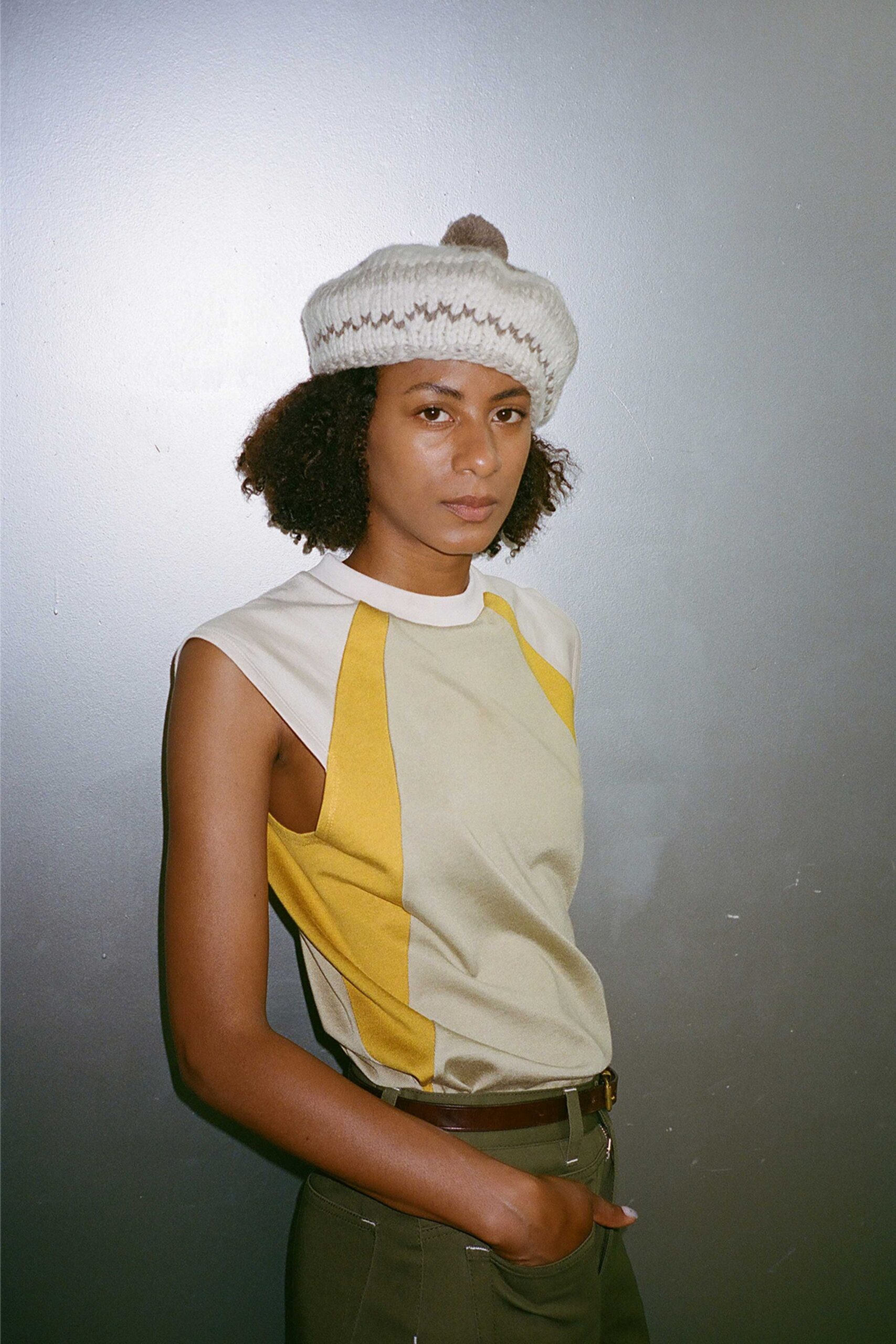 beige and yellow color-blocked top