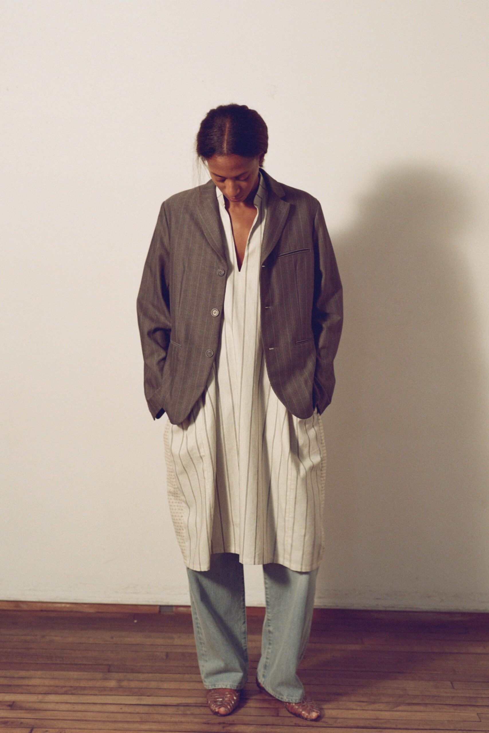 gray blazer with white shirt-dress