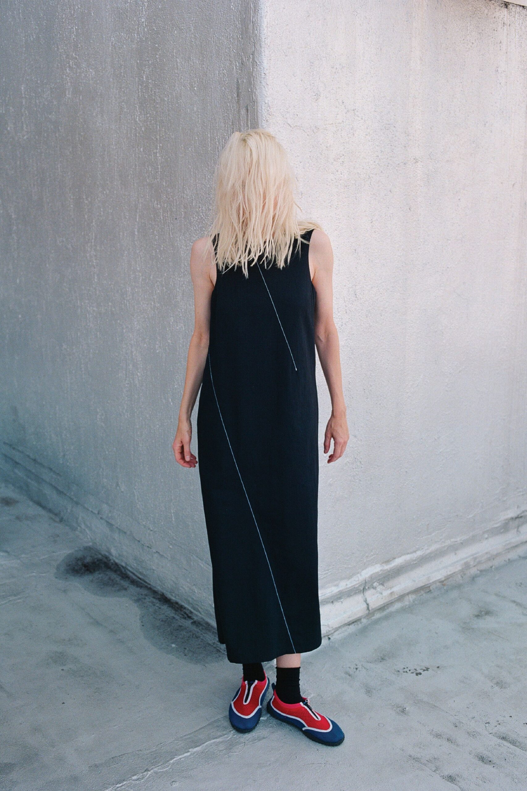 black cotton sleeveless high-neck relaxed maxi dress