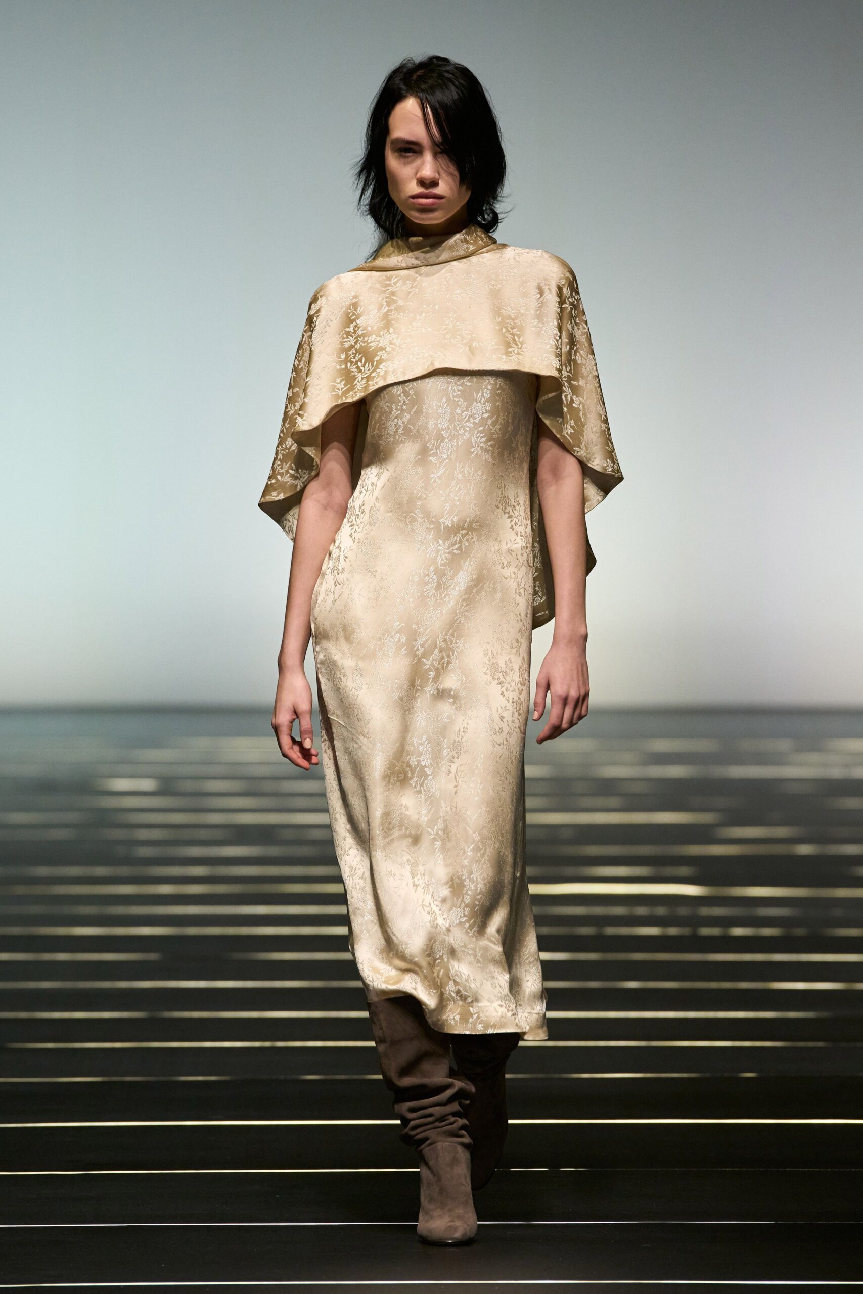 gold silk long-sleeve high-neck fitted draped maxi dress