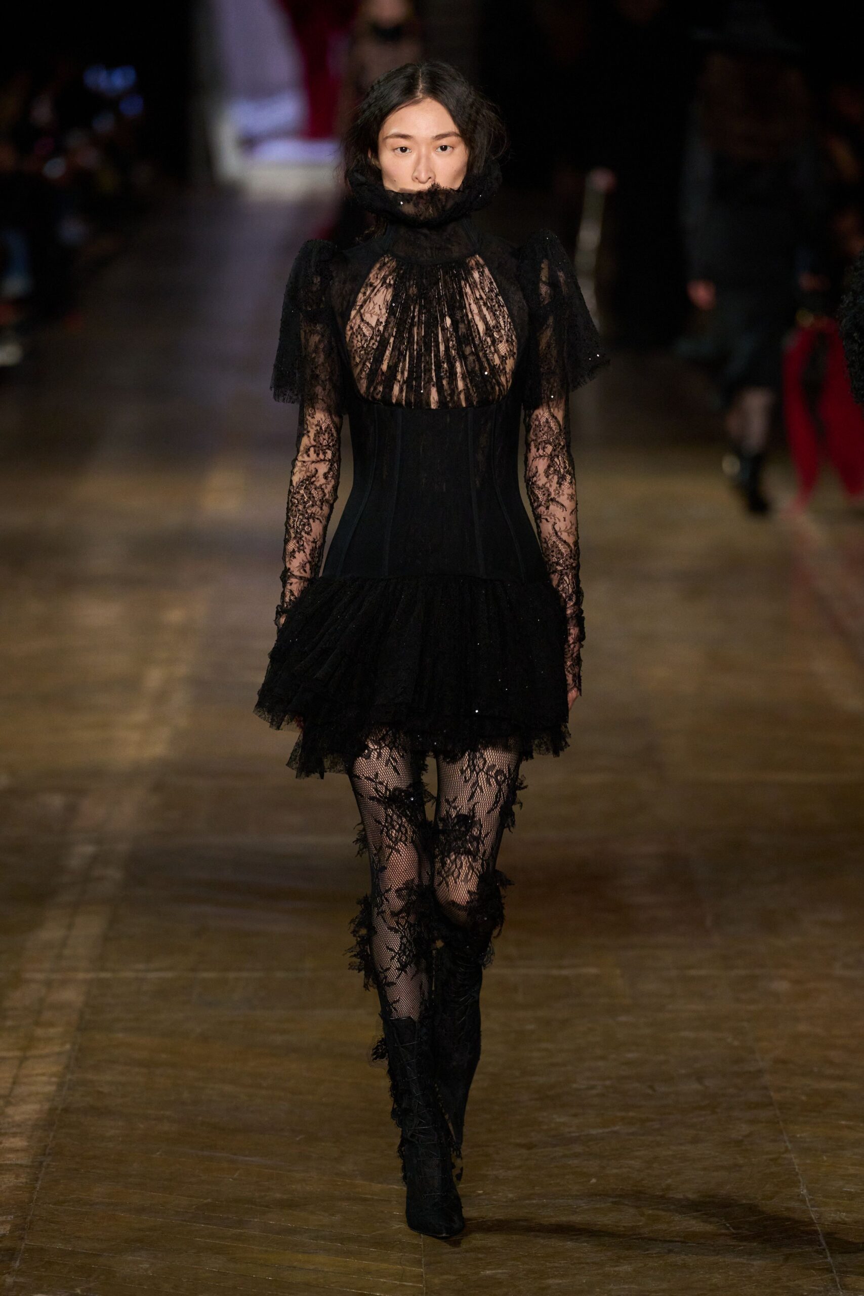 black lace sleeveless high-neck fitted ruffled embellished dress