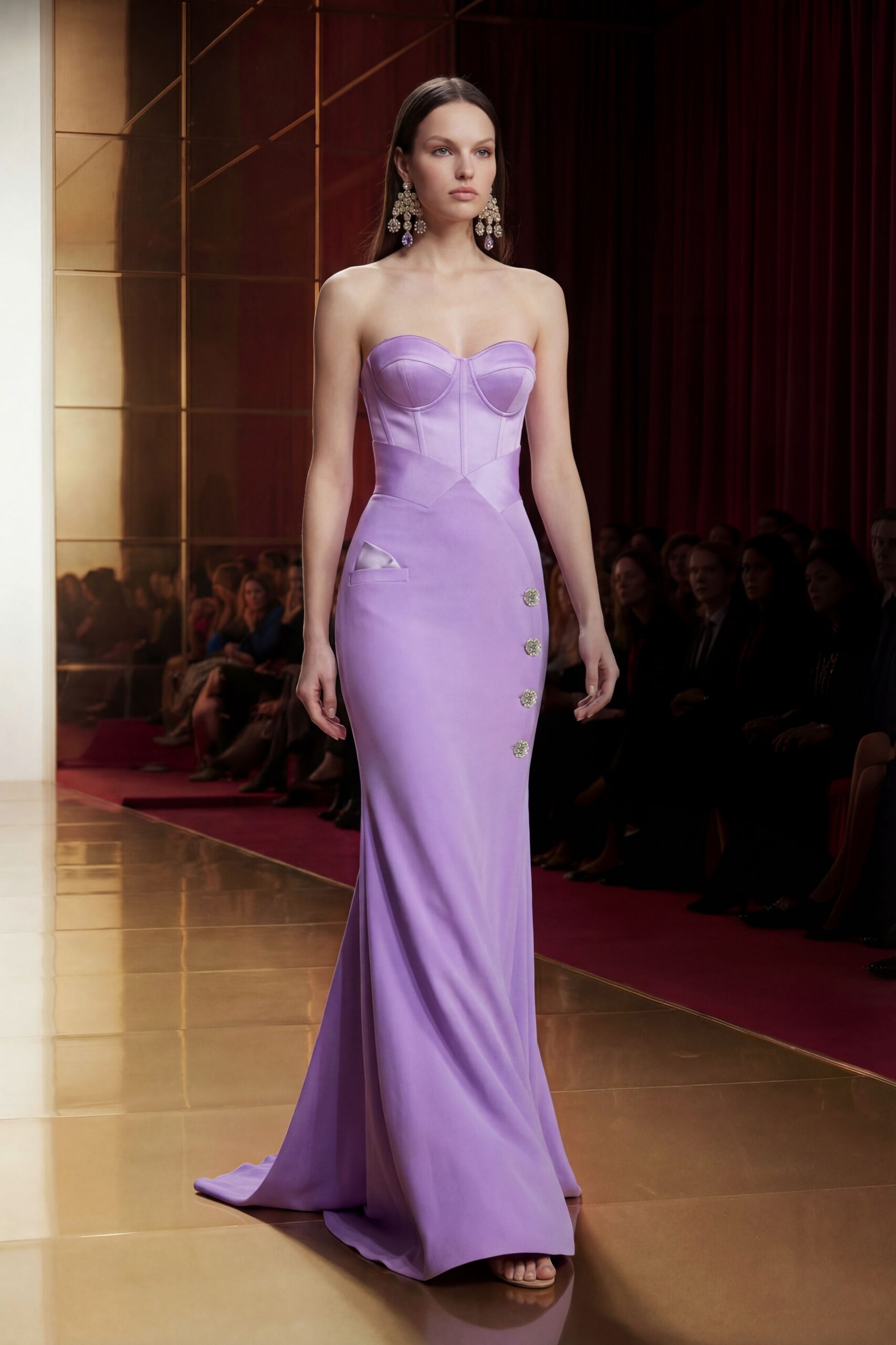 purple silk strapless fitted ruched embellished maxi gown