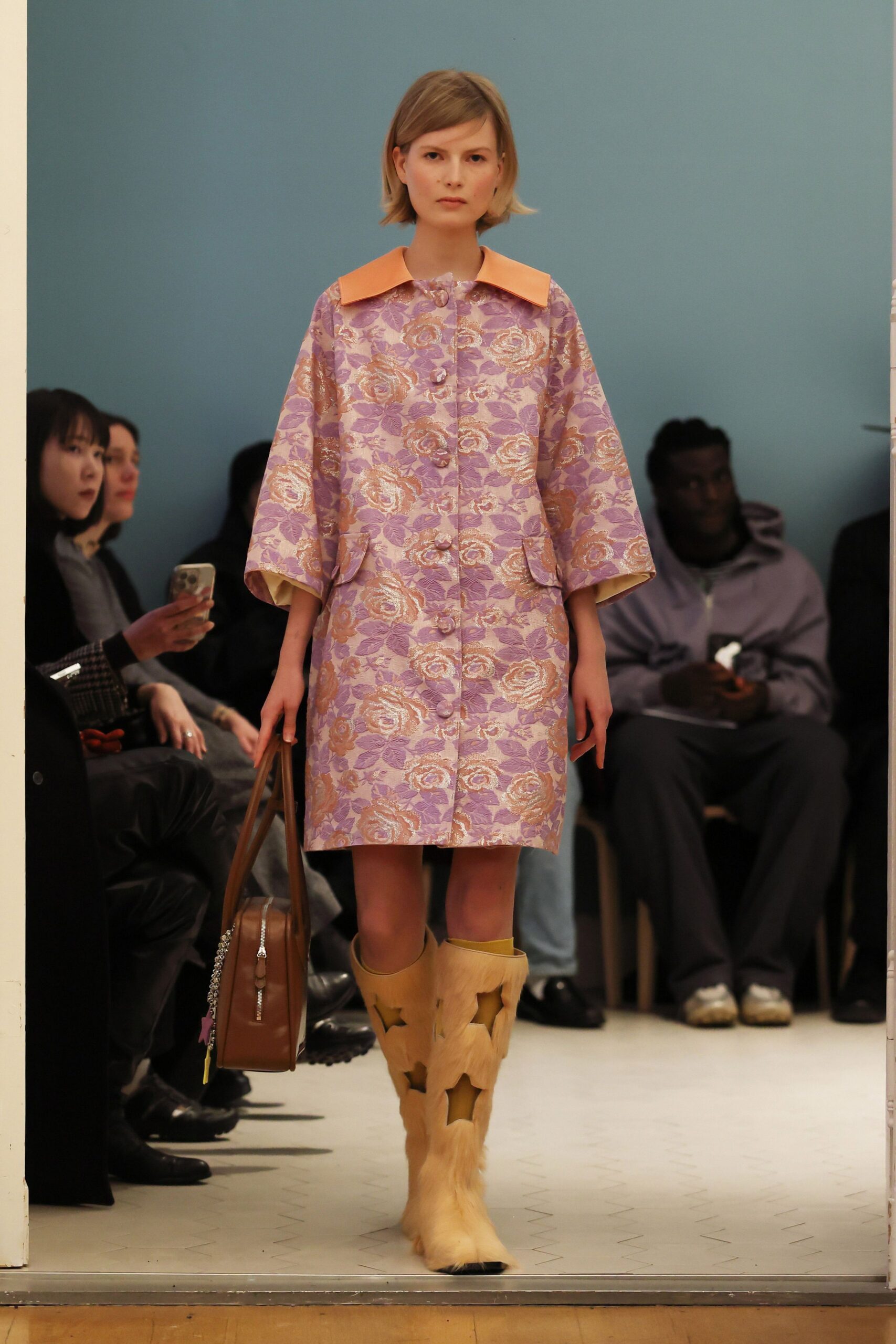 purple silk short-sleeve collared relaxed floral buttoned dress