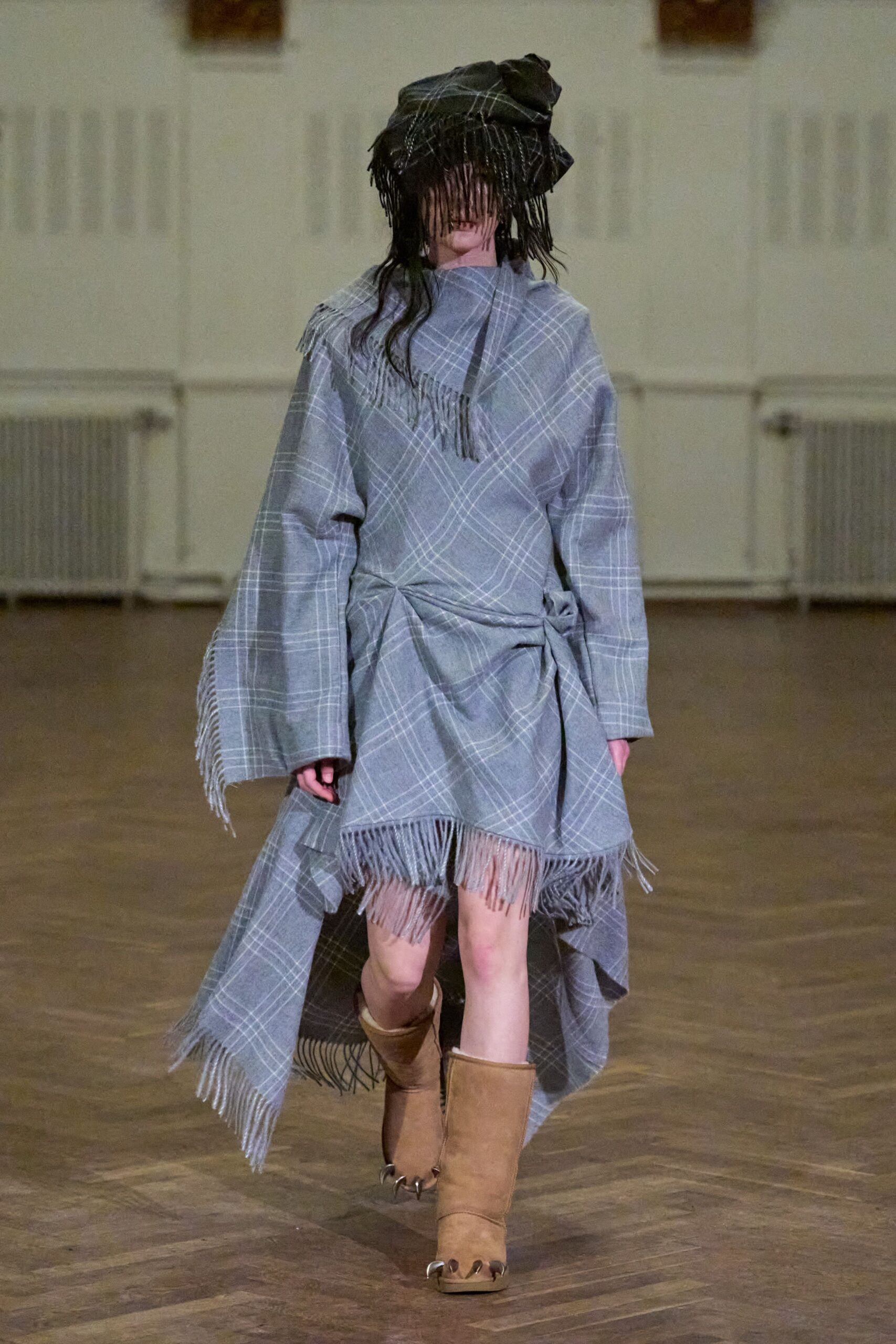 gray cotton long-sleeve collared relaxed checked fringed dress