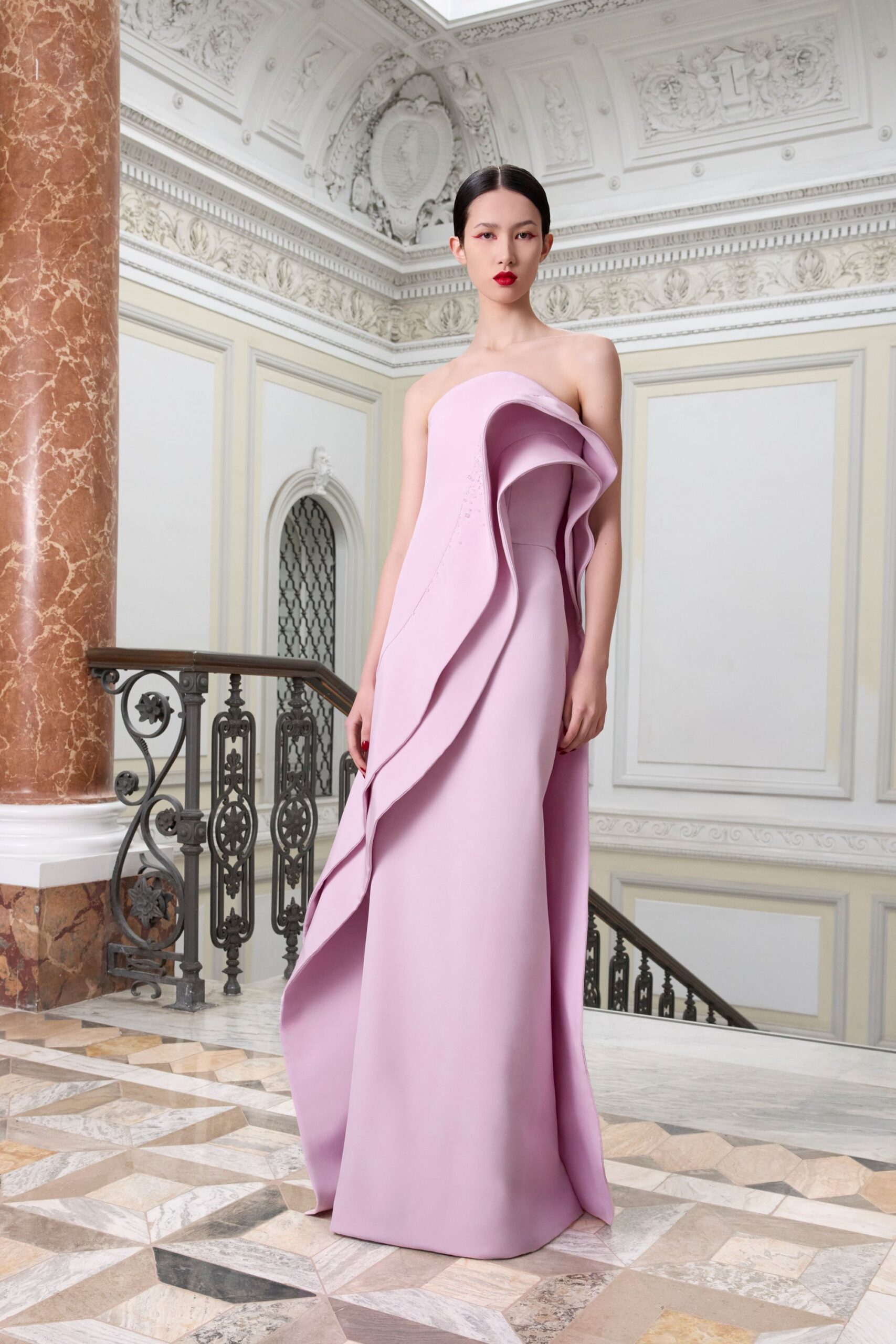 pink silk strapless gown