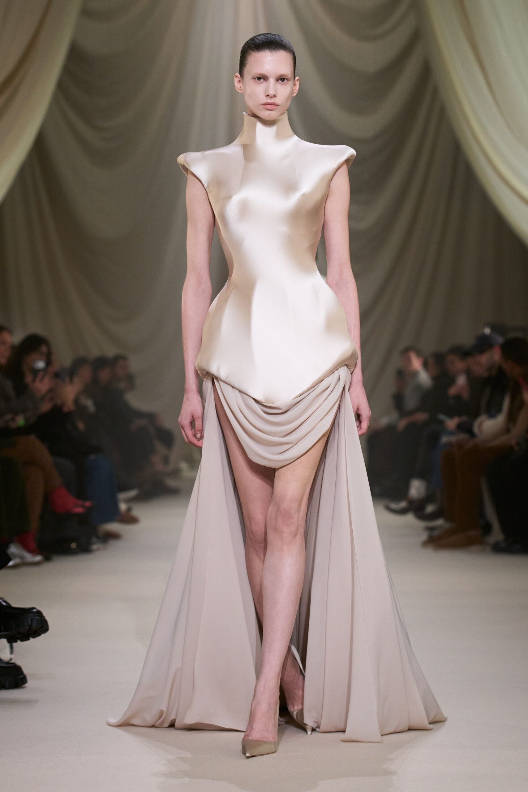 beige silk sleeveless gown