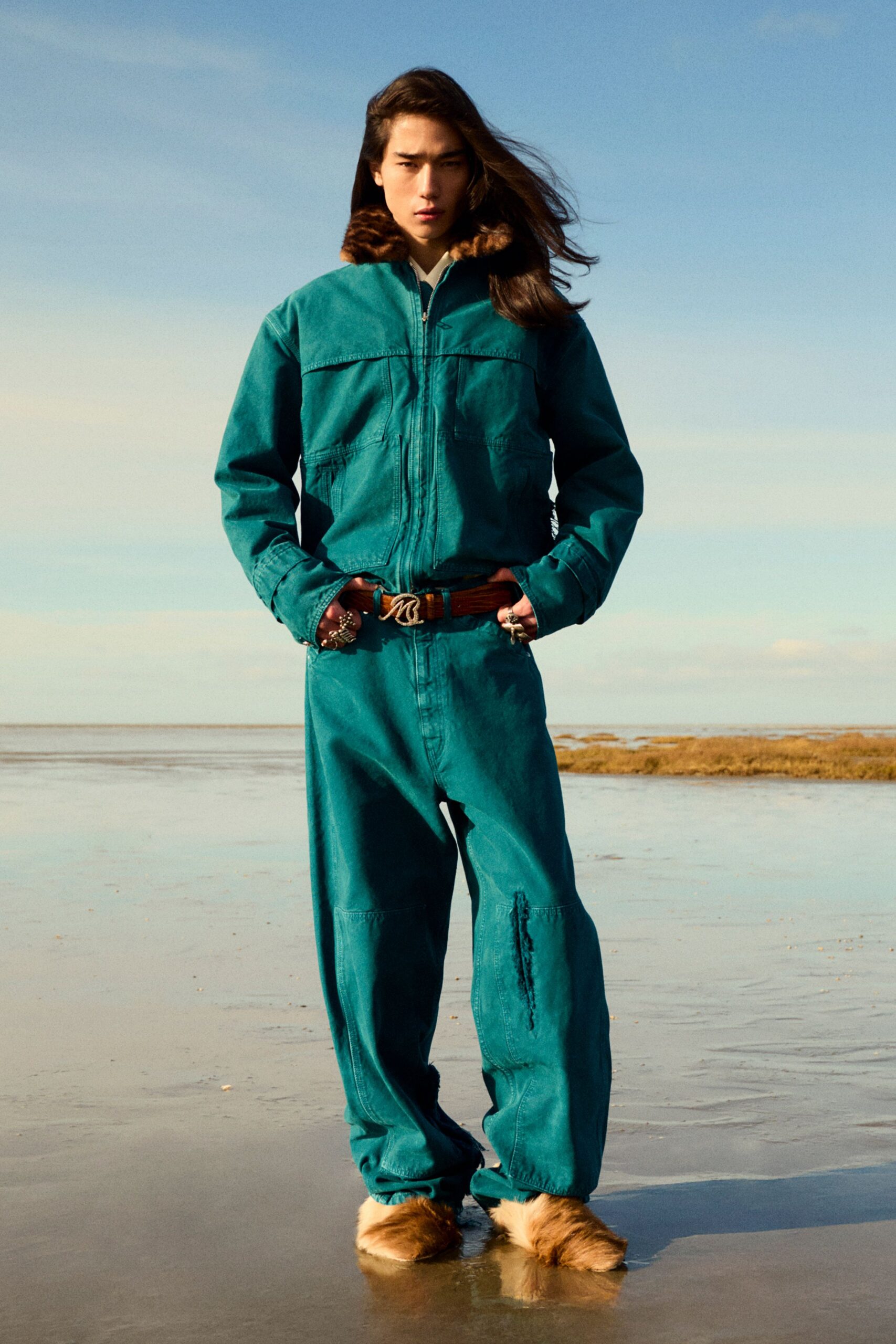 teal denim long-sleeve collared relaxed zippered pockets jacket