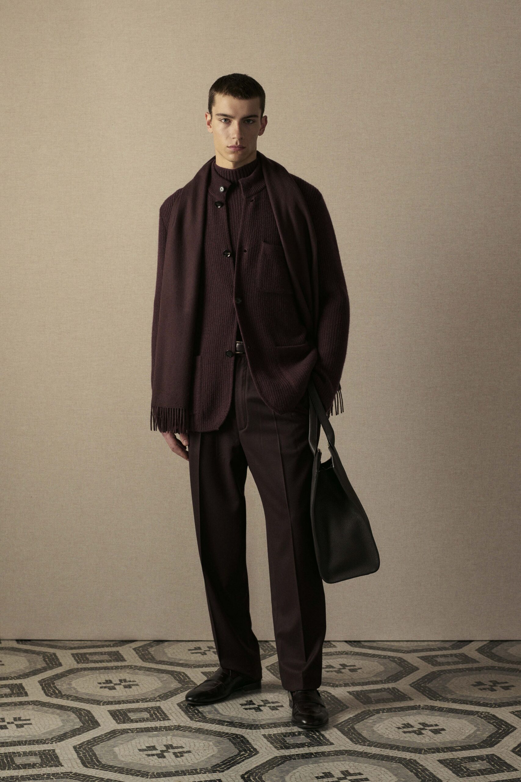 purple wool tailored straight-leg pants