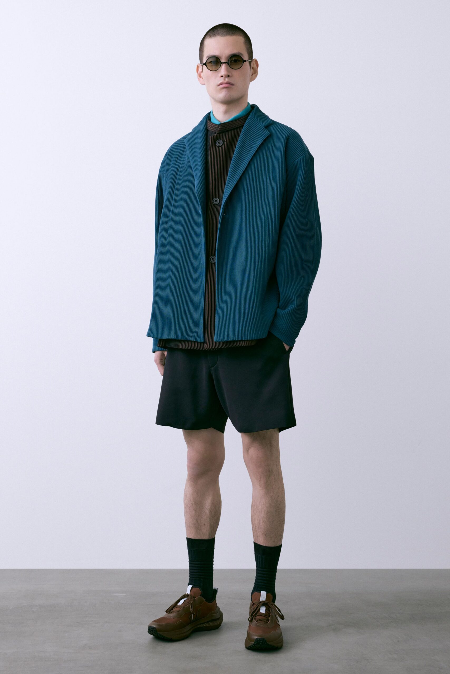 blue cotton long-sleeve collared oversized textured jacket