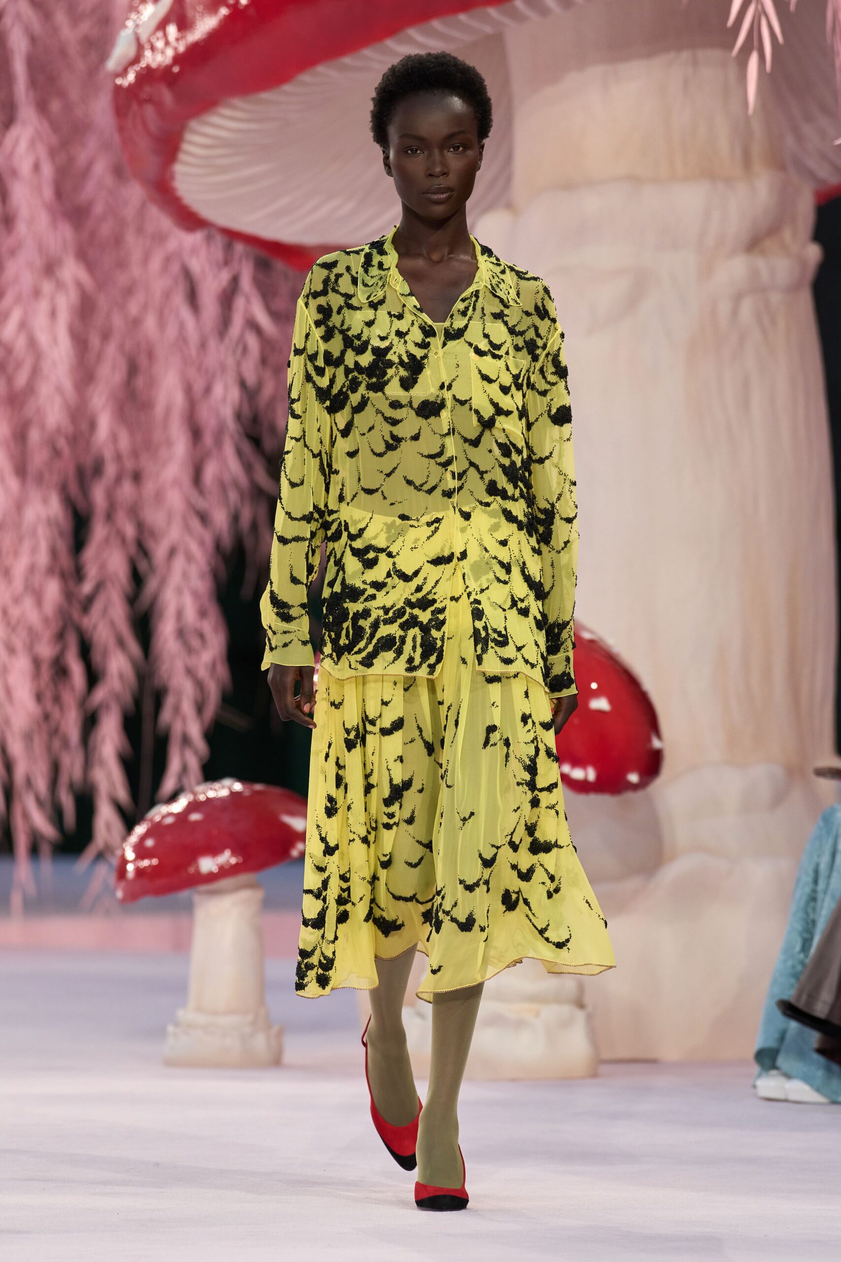 yellow silk long-sleeve collared relaxed printed tiered dress