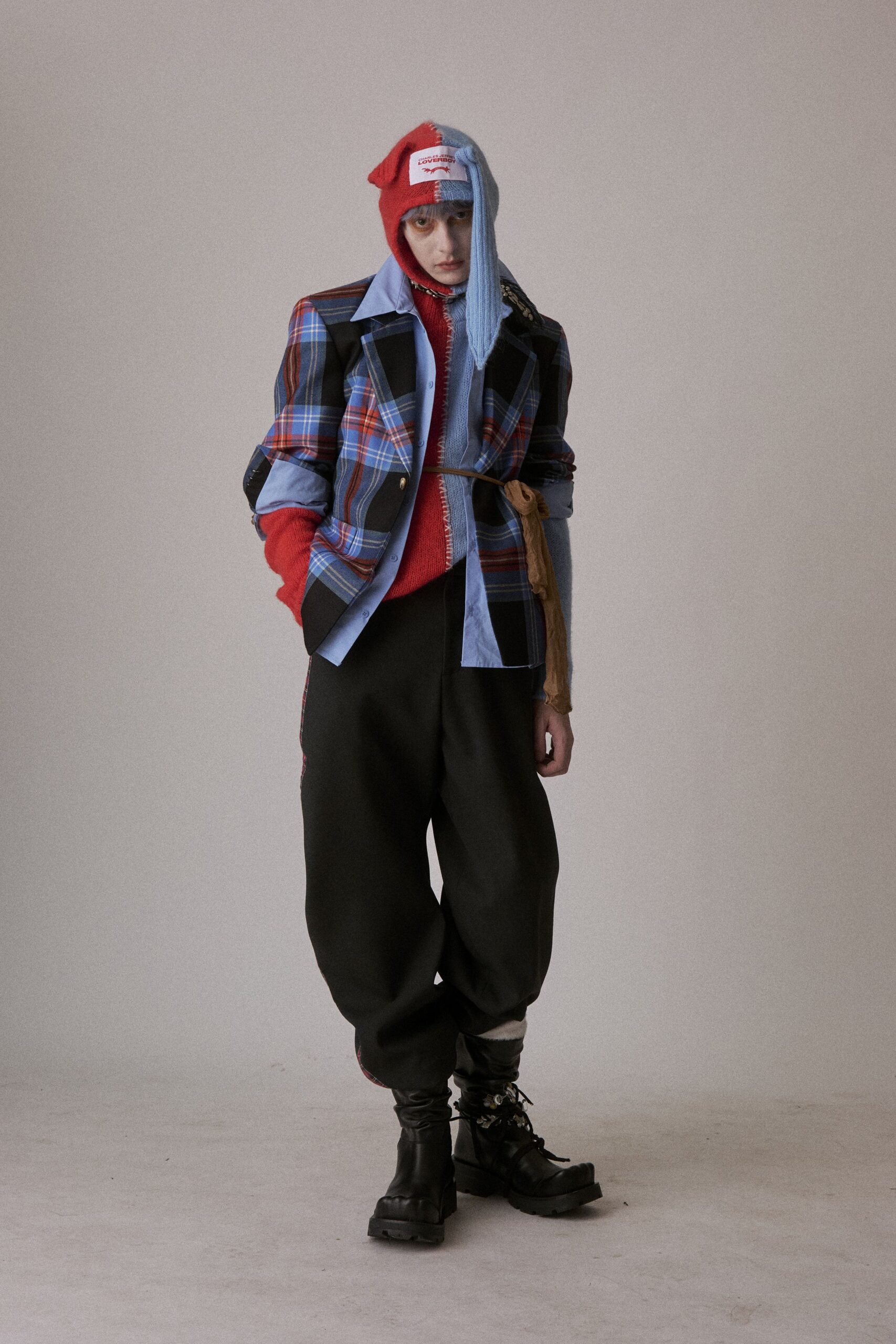 checked blazer with red sweater