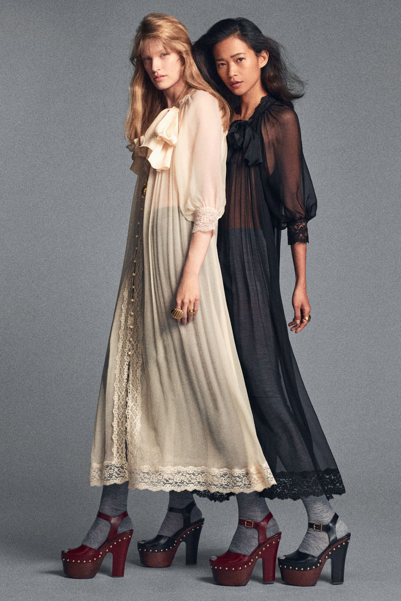 beige silk long-sleeve collared fitted pleated embroidered gown