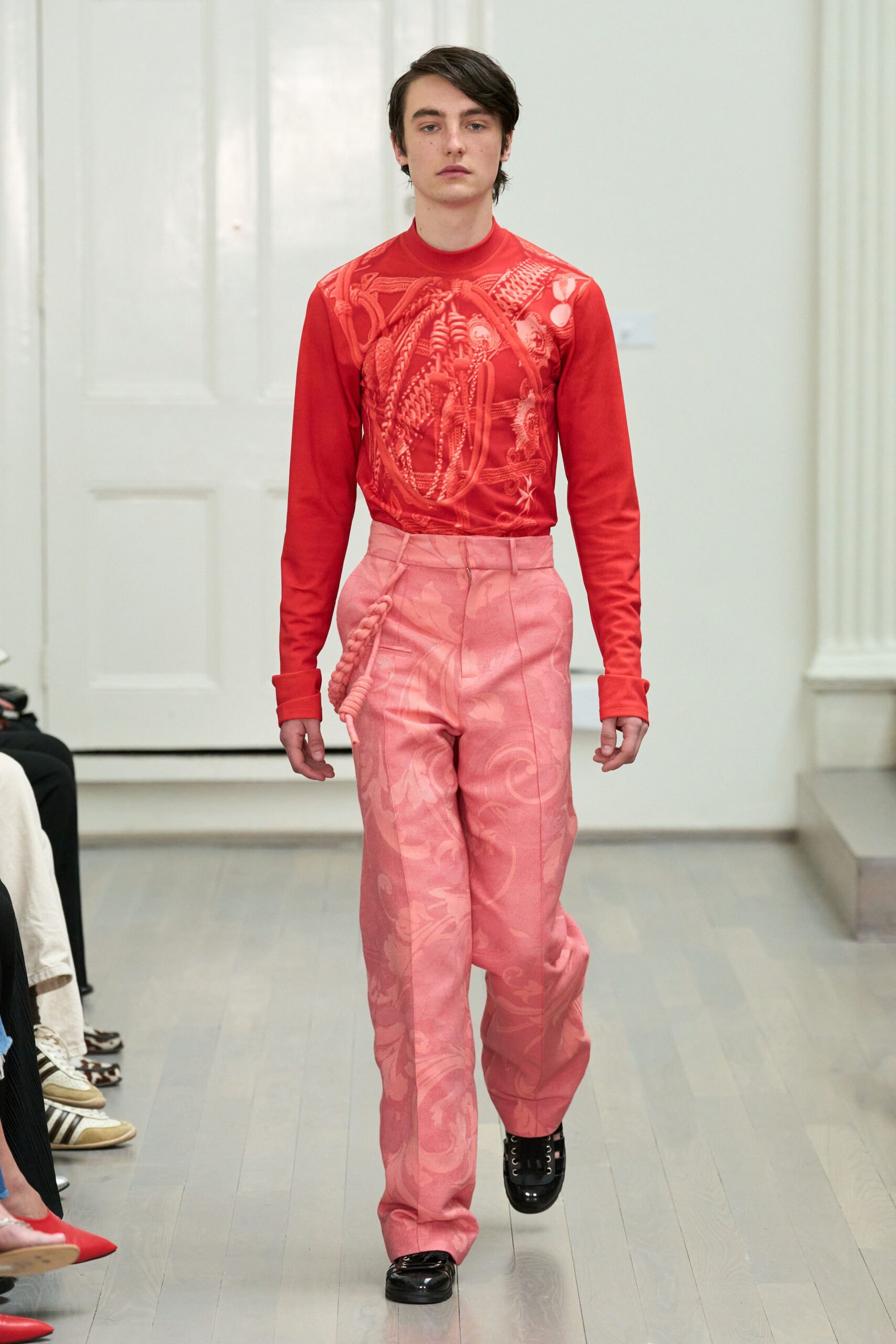red cotton long-sleeve collared fitted embroidered shirt