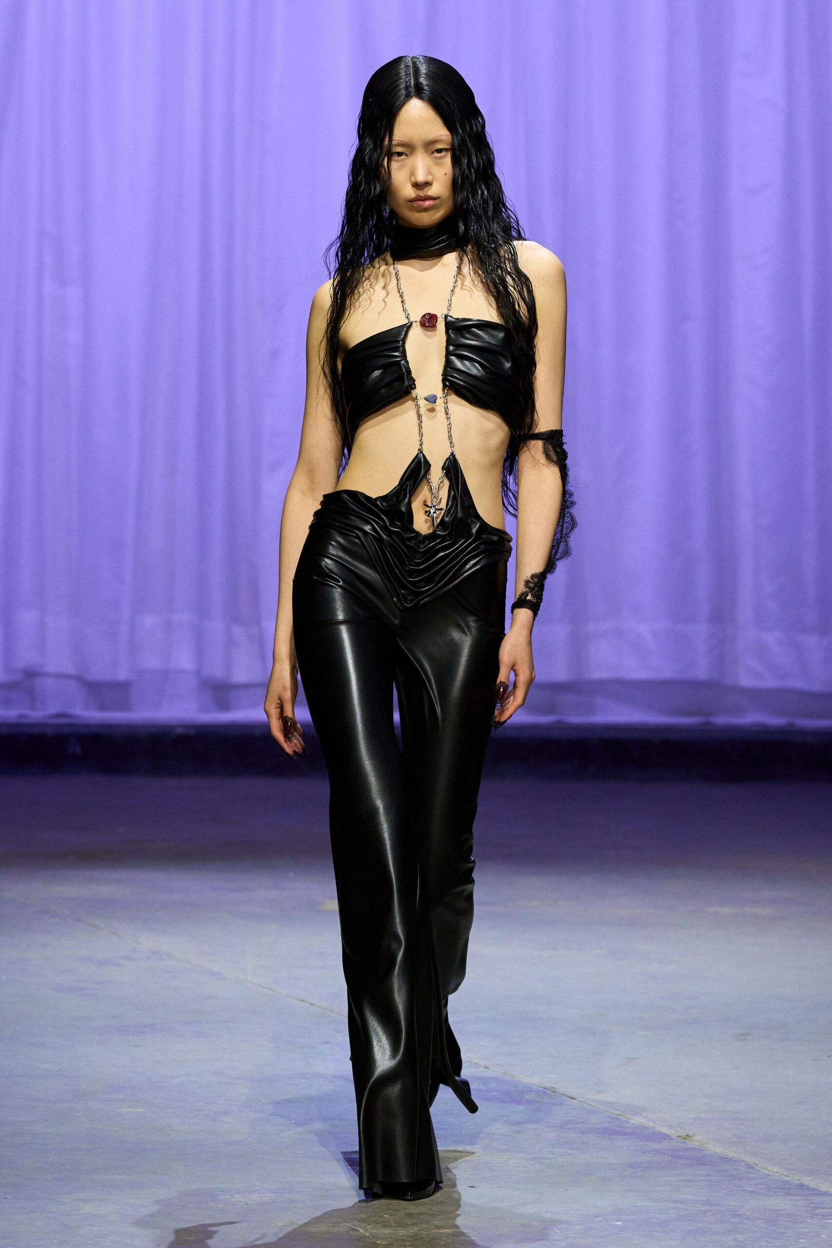 black leather fitted top and pants