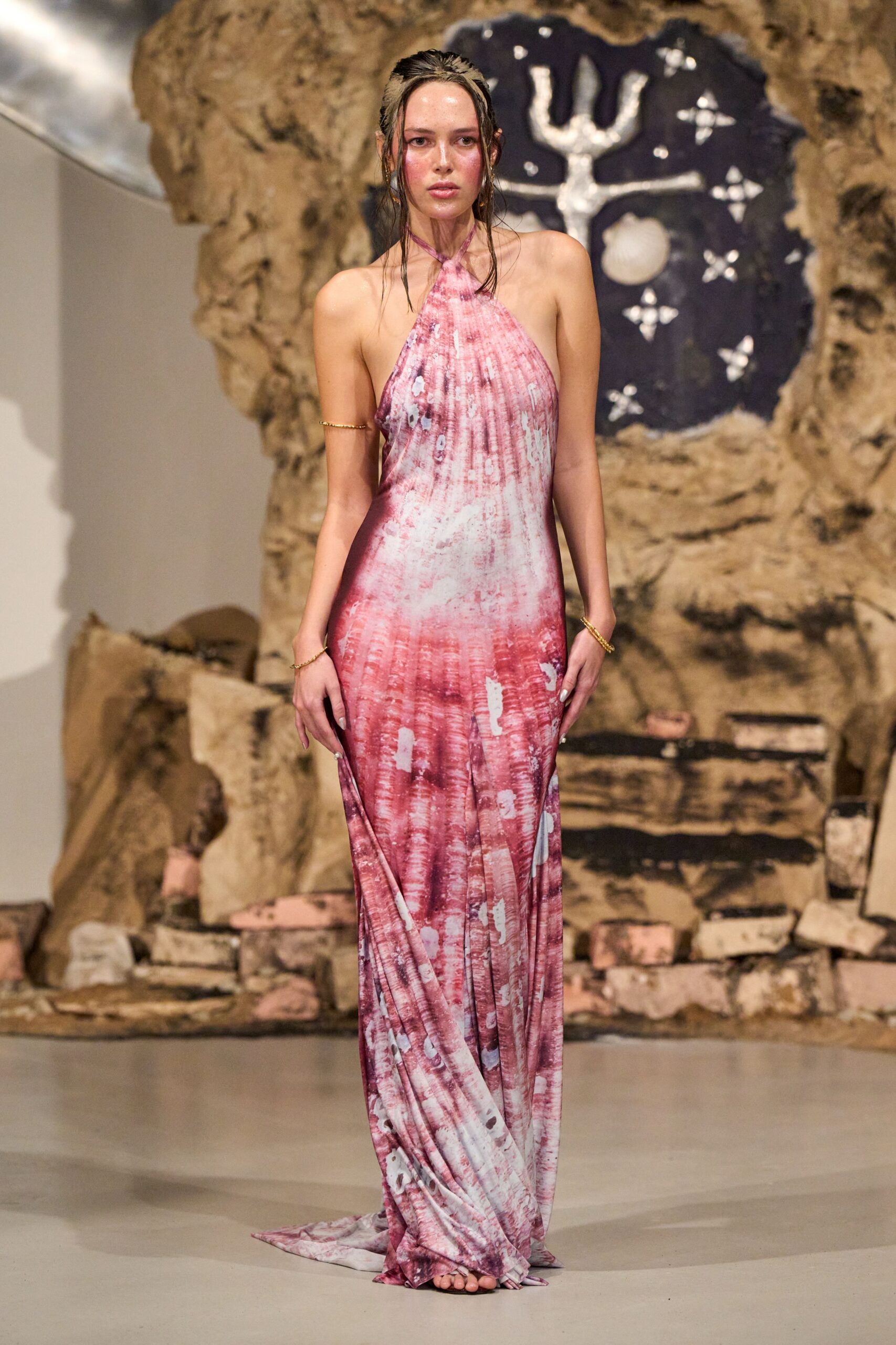 pink red flowing halter gown